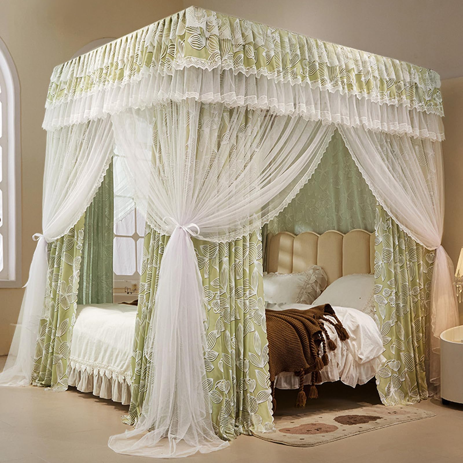 Moskitonetze Bett, Quadratische Mückennetz, Prinzessin Baldachin mit Rüschen, 4-Eckiger Betthimmel, Doppelstöckiges Moskitonetz für Mädchen Schlafzimmer Green 180 x 200cm