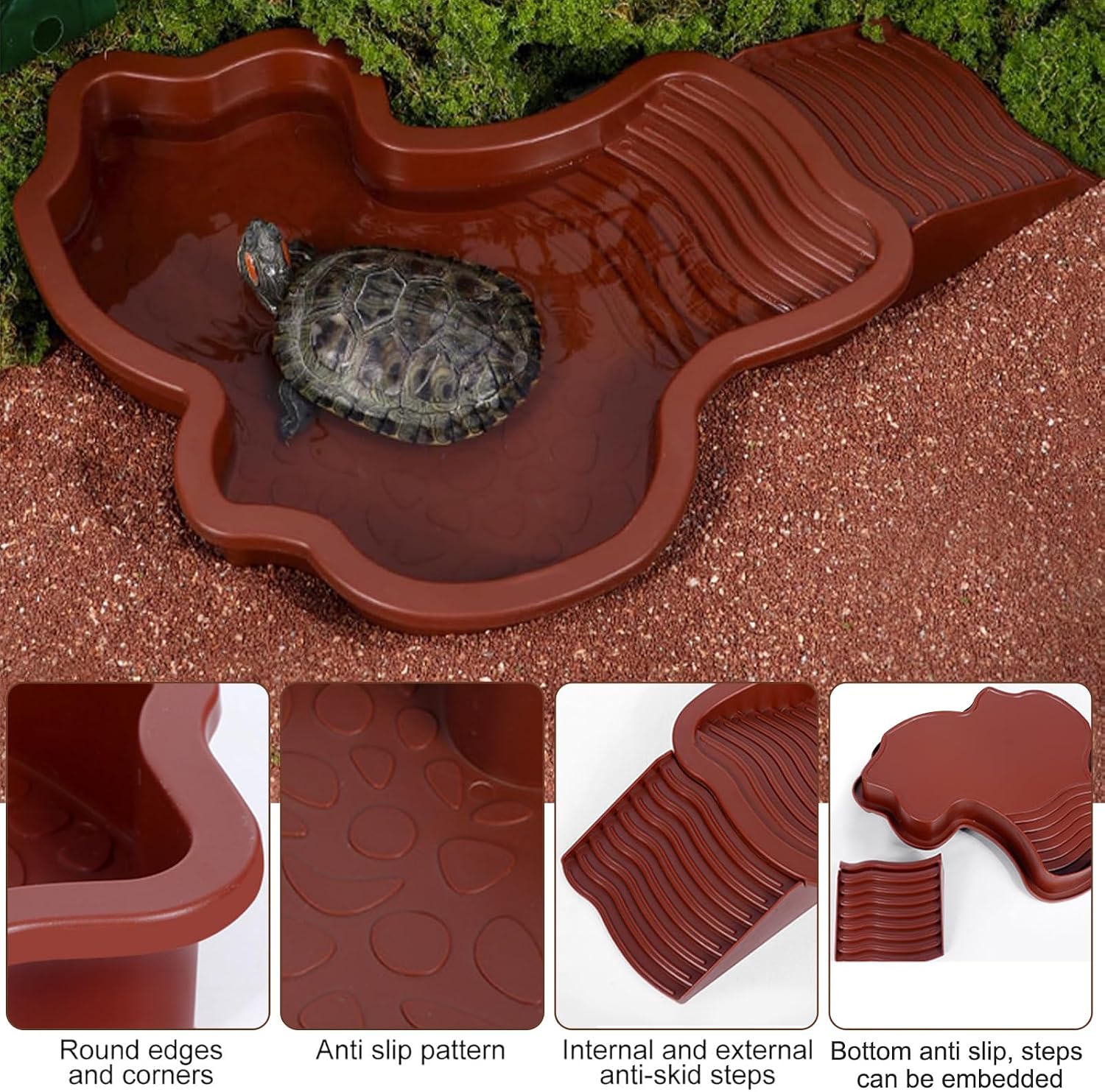 3 PCS Tortoise Water Dish Reptile Bathing Pool with Removable Ramp and Leaf Reptile Food Dish & Water Bowl Tortoise Habitat Accessories for Turtle, Gecko, Snake, Bearded Dragon, Lizard