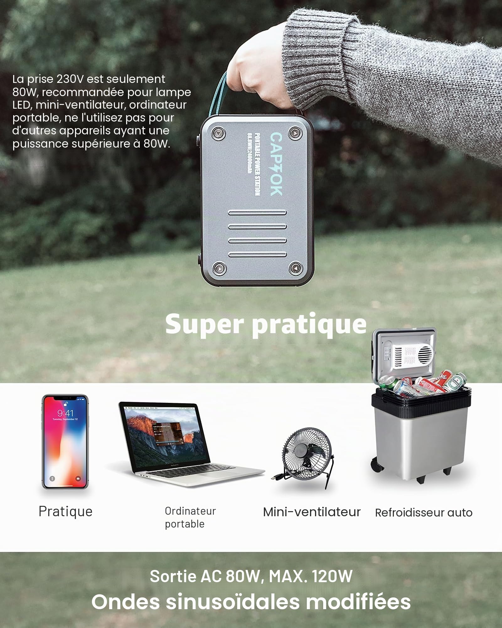 Batterie Externe 230 V avec Prise 88,8 Wh Powerstation, Chargeur sans Fil 10 W, générateur Solaire 120 W USB LED pour Camping, Urgence en Plein air