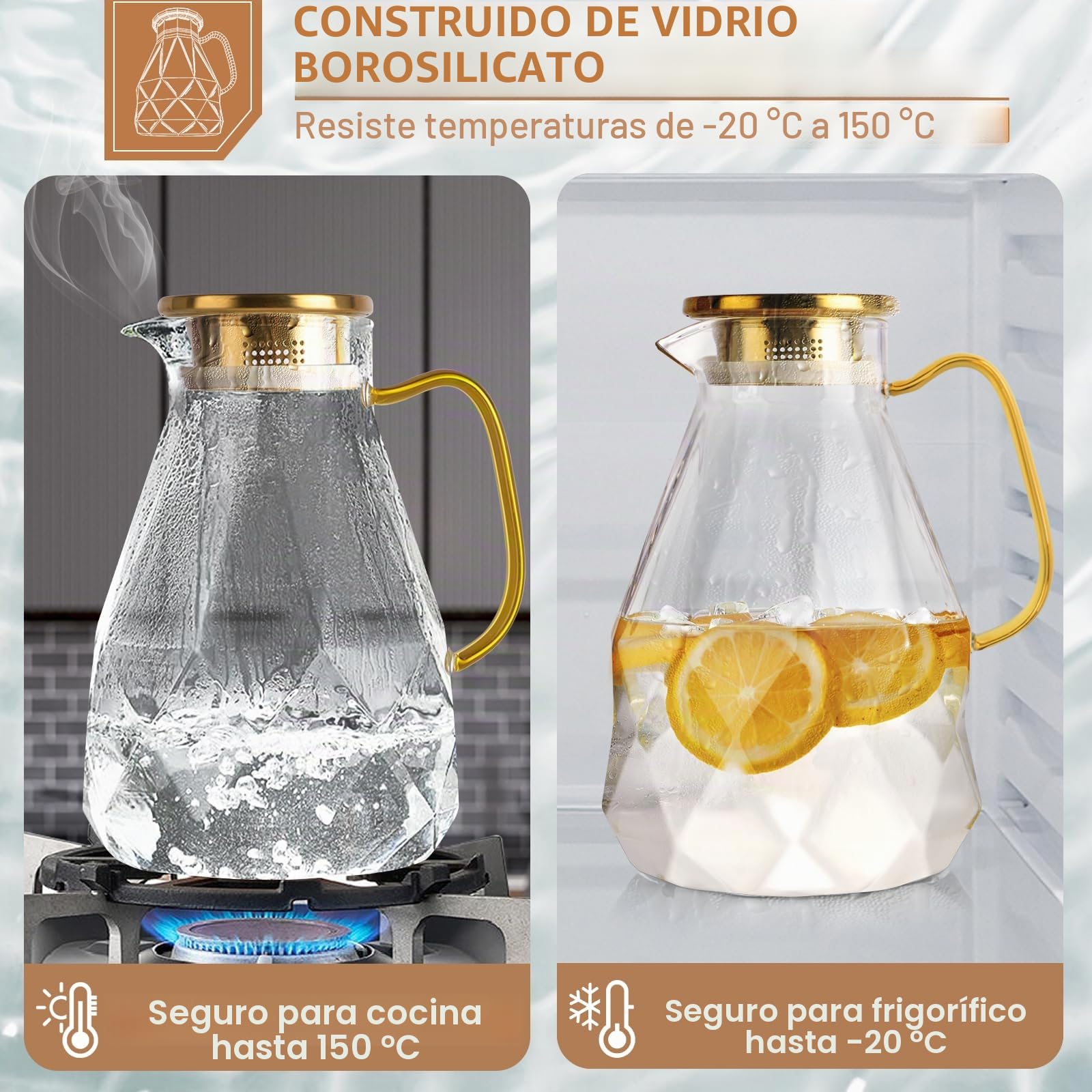 Jarra de cristal transparente de 3 litros con tapa, con forma de diamante, para frigorífico, apta para lavavajillas