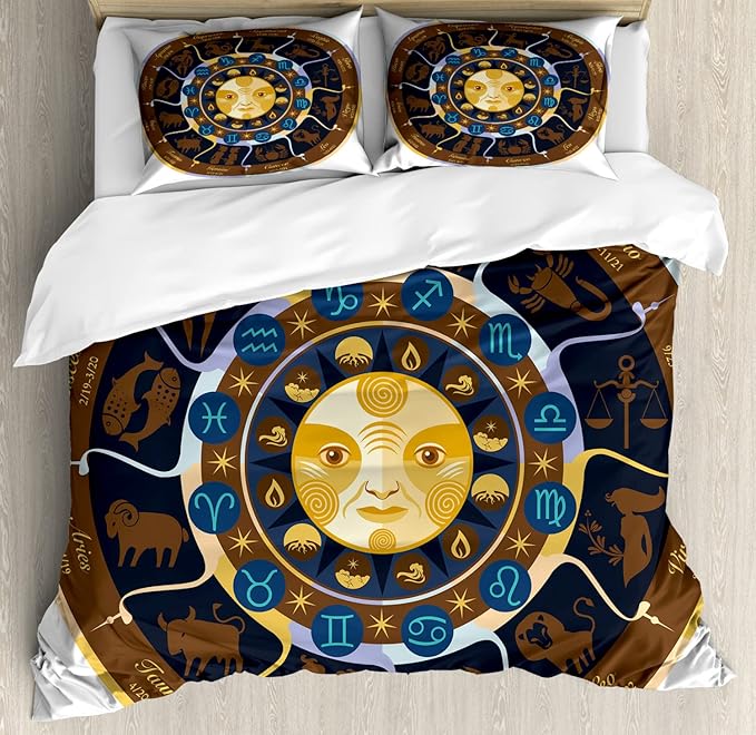 Ambesonne Astrology Duvet Cover Sets, Aries Taurus Gemini Cancer Leo Virgo Libra Scorpio Horoscope Signs, Bedding Set with 2 Duvet Covers & 4 Pillowcases, 2 Pack King Size, Brown Yellow and Blue