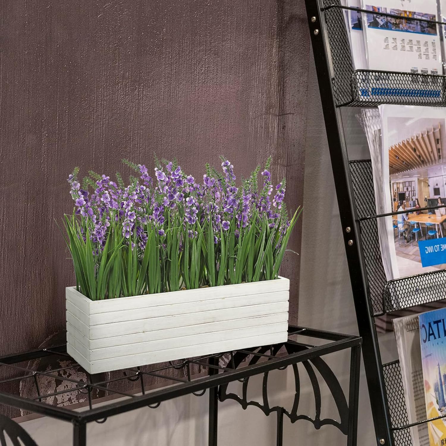 14 Inch Artificial Lavender Flower Arrangement in Rustic Rectangular Wood Planter Box Purple Fake Lavender Flower Faux Potted Lavenders Plants for Table Centerpiece Windowsill Shelf Home Decor Indoor