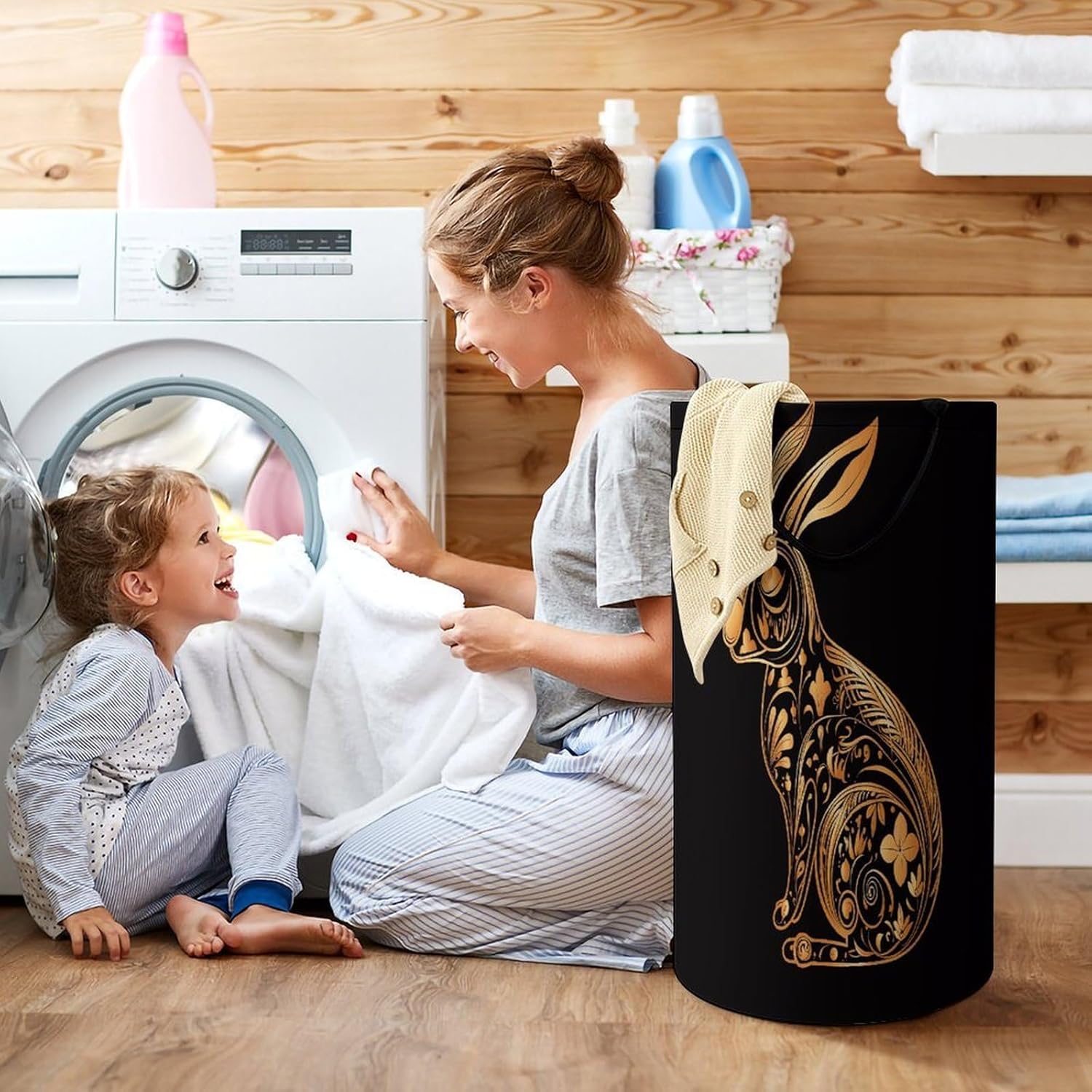 Rabbit IconLaundry Hamper - Large Dirty Clothes Bag.Storage Basket for Easy Carry Handles. Large Clothes Basket with Handles, Clothing Storage Bucket Toy Organizer for Bathroom Bedroom Dorm.