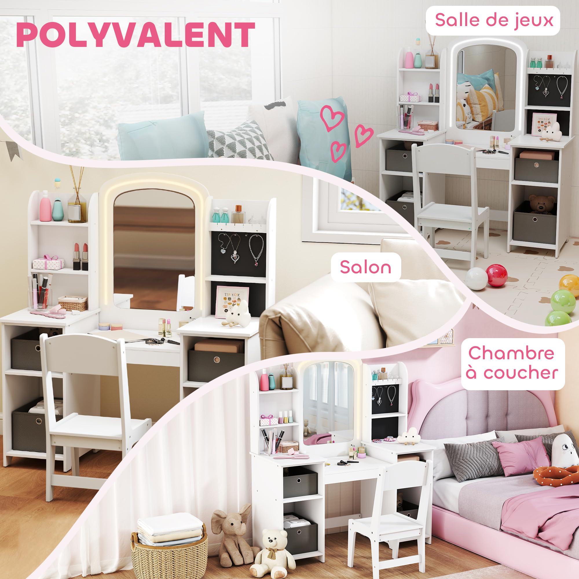 AIYAPLAY Coiffeuse pour Enfants avec Tabouret et Miroir LED, Coiffeuse Fille en Bois avec tiroirs en Tissu, étagères Ouvertes et Crochets à Bijoux, Table de Maquillage pour 3 à 8 Ans, Blanc