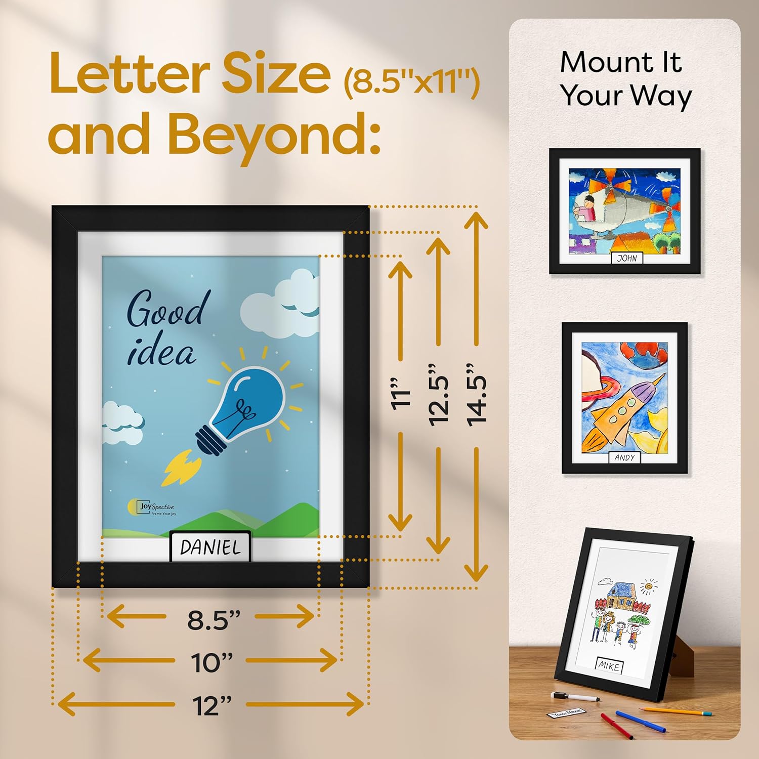 JOYSPECTIVE® 3-Set Bundle: Kids Artwork Frames Changeable - Black | No-Drill Frame for Artwork & Crafts | Front-Opening Display Frame, Easy Quick-Swap Changeable Art Display for Kids