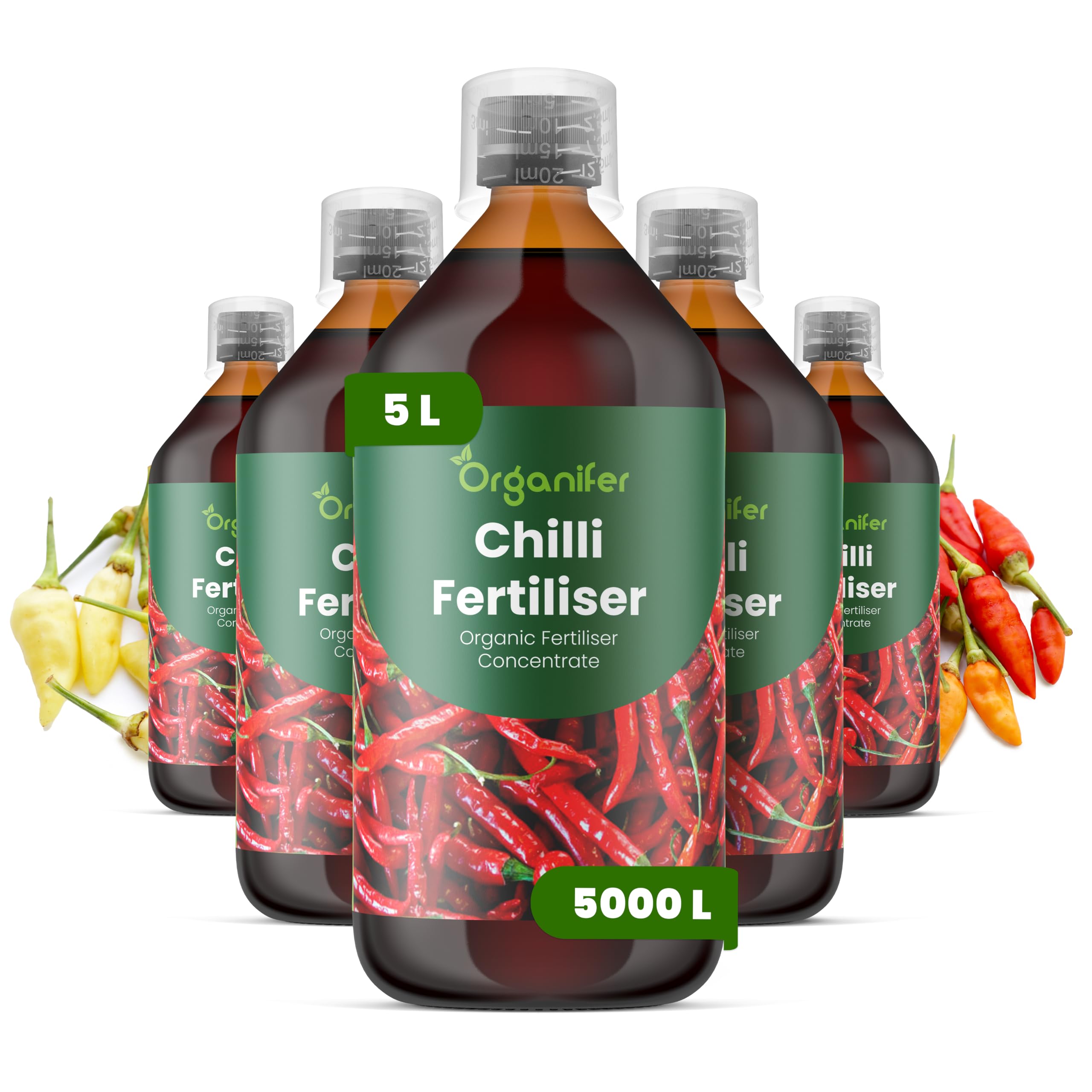 Chili Flüssigdünger - 5x1L - NPK 2-1-8 | Flüssig-Pflanzendünger Für Üppige Blüten & Kräftige Früchte - Fördert Wurzeln & Vitalität - Organifer
