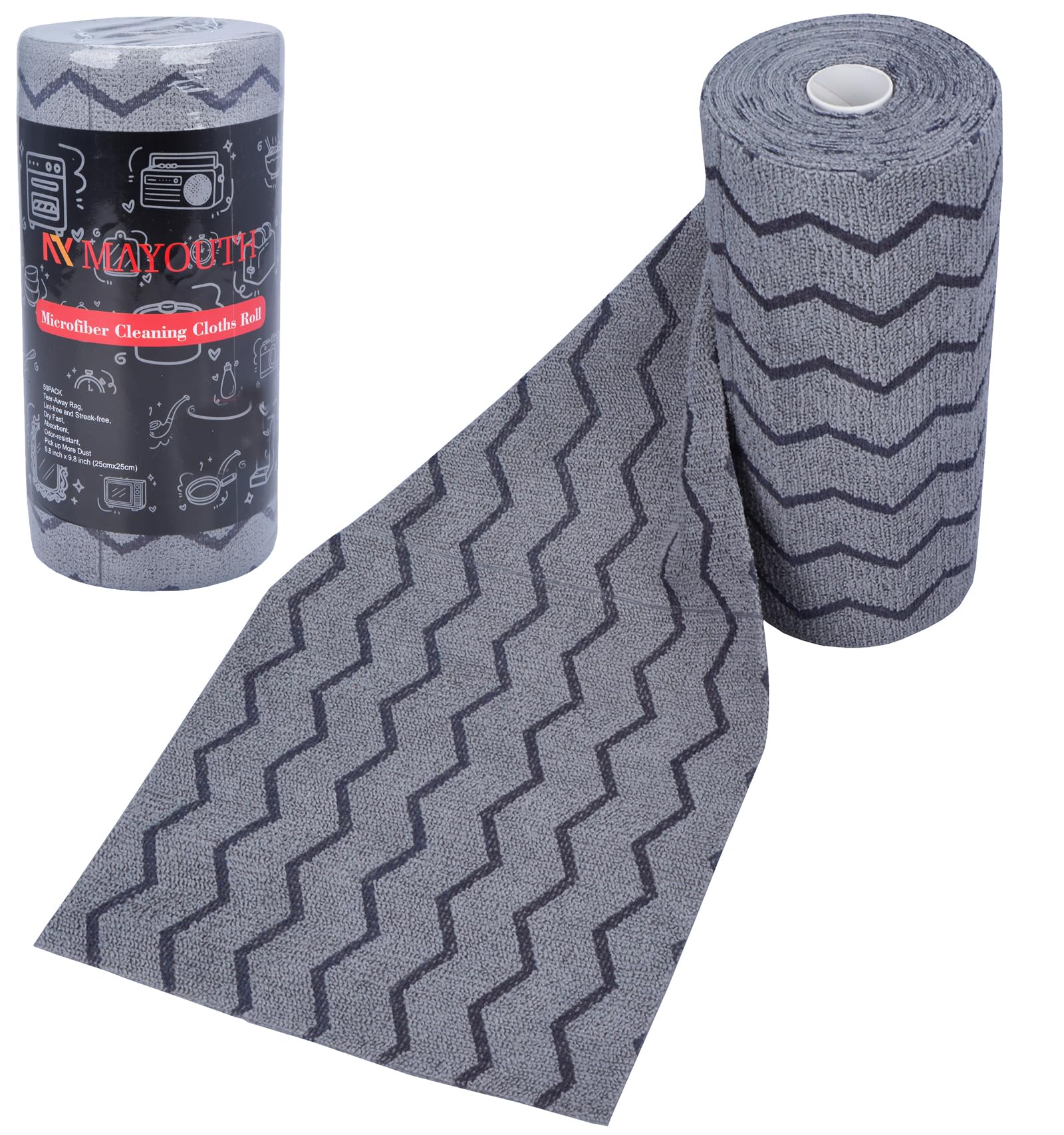 Mayouth Navy Blue Wave Pattern Microfibre Cleaning Cloths Roll 50-Pack Reusable Paper Towels For Car Wash Supplies Ultra Absorbent Kitchen Dish Rags House Window Cleaning Cloths Lint Free Tear Away (Navy Blue Wave Pattern)