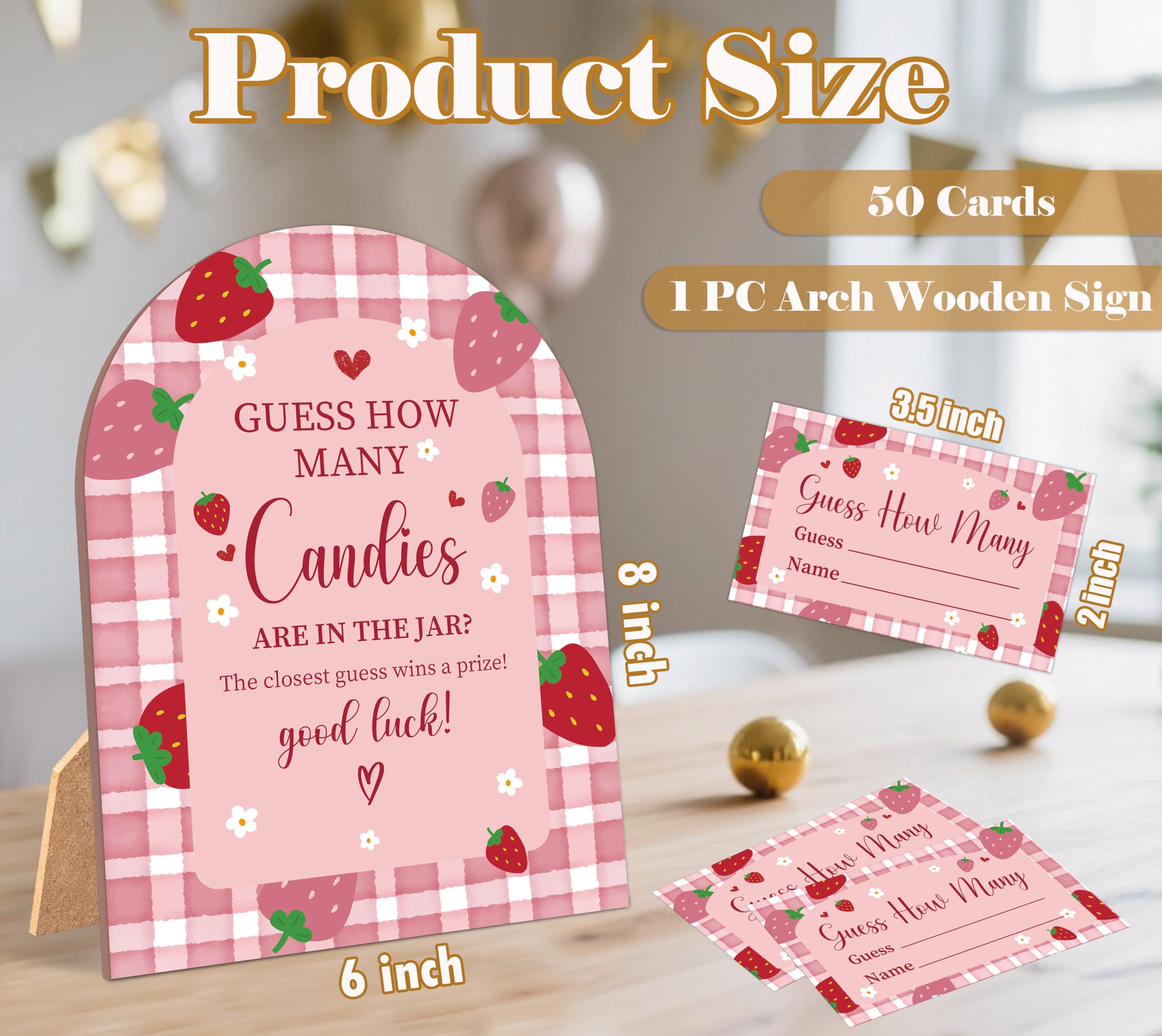 Juego de 51 piezas de fresa Cuántos dulces están en el tarro, juego de baby shower, letrero de madera de arco de 6 x 8 pulgadas con soporte y 50 tarjetas de adivinación, decoración de fiesta neutral