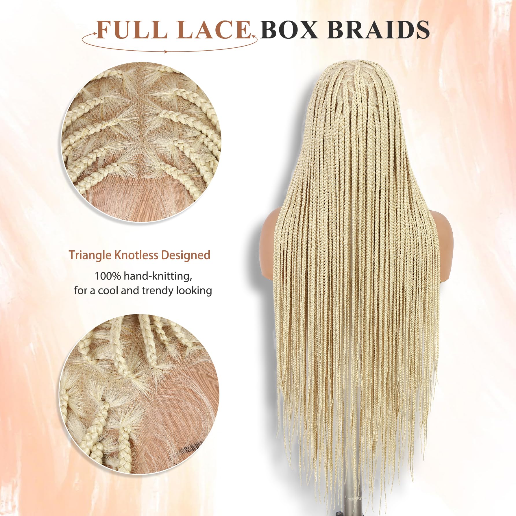 WIGNEE Parrucca a Treccine Box Senza Nodi, 36 Pollici - Pizzo Intero HD con Nodi Triangolari Annodati a Mano - Frontale in Pizzo con Baby Hair - Parrucca Intrecciata Sintetica e Naturale per Donne
