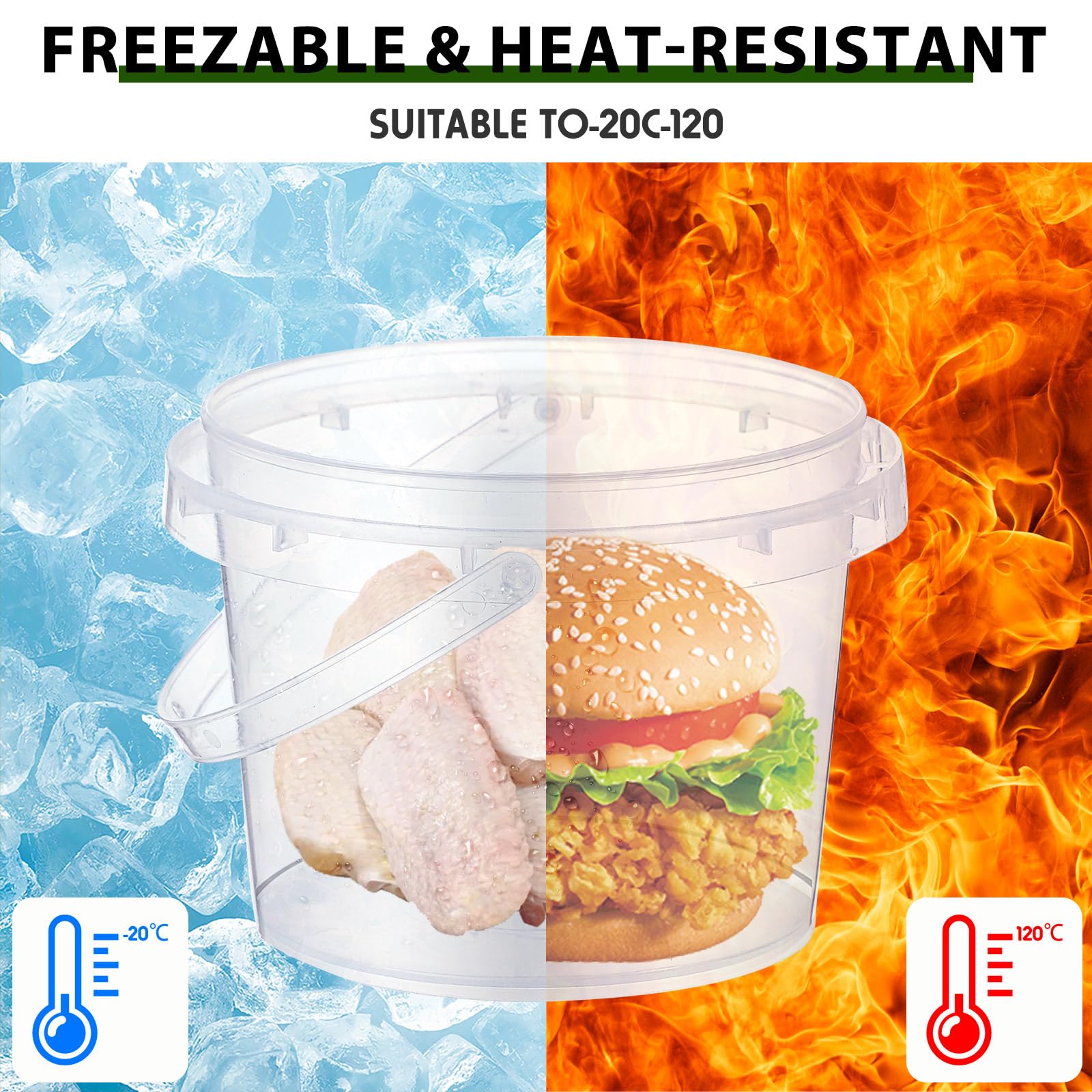 Mifoci 50 cubos de plástico transparente para alimentos, redondos, reutilizables, con tapas y asas, herméticos, de plástico transparente, congelador, cubo reutilizable para cocina, bebidas y hogar (8