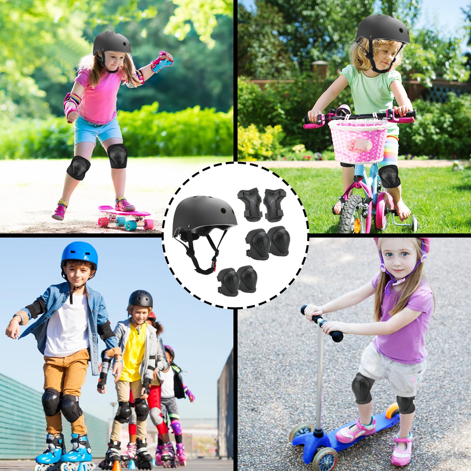 Ginocchiere per bambini con casco, equipaggiamento di protezione in linea per bambini, traspiranti e regolabili, set di ginocchiere per bicicletta, skateboard, scooter