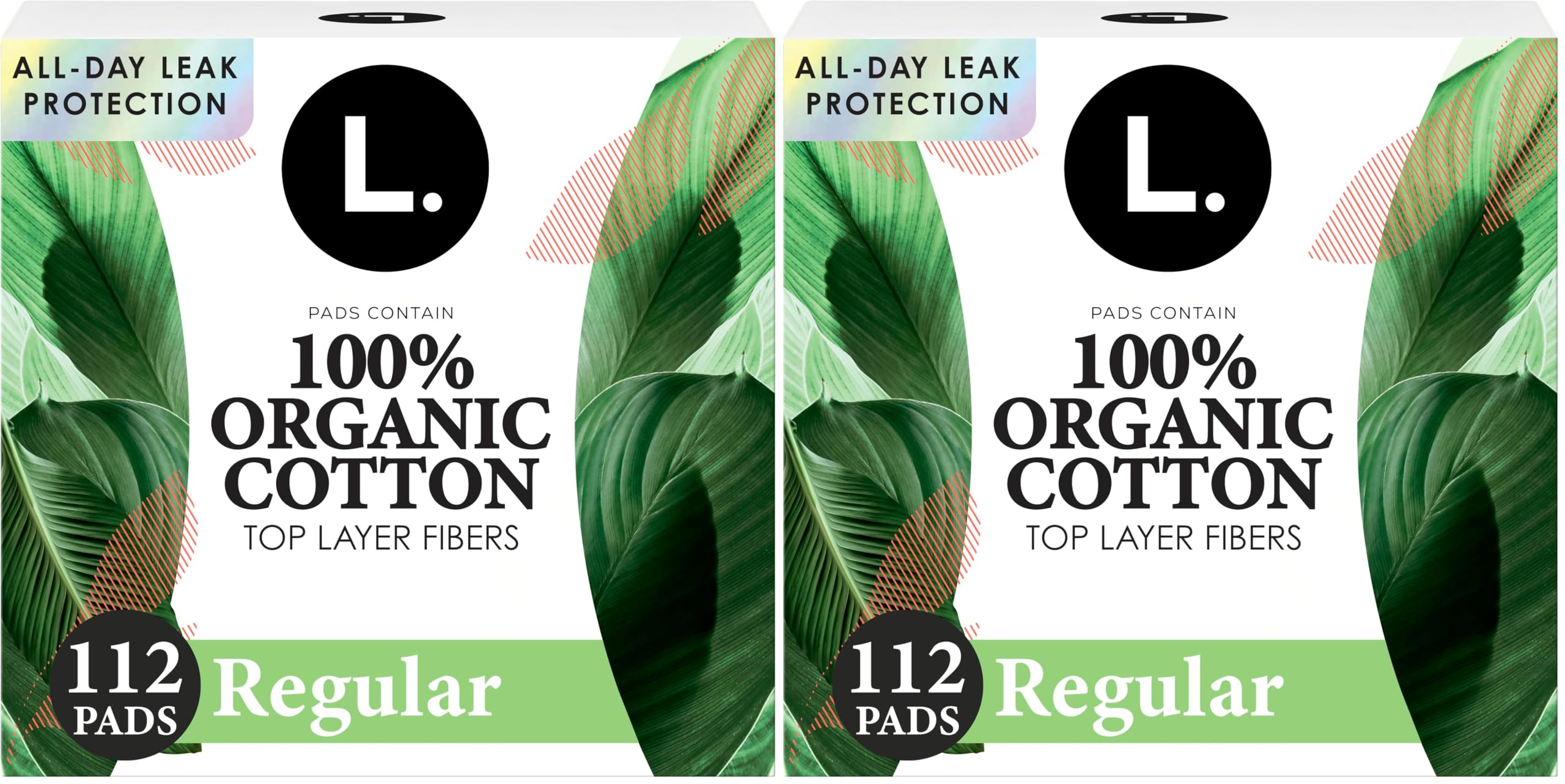 L. Ultra Thin Pads for Women, Regular Absorbency, Organic Cotton Top Layer, Unscented Pads with Wings,112 Count (Pack of 2)