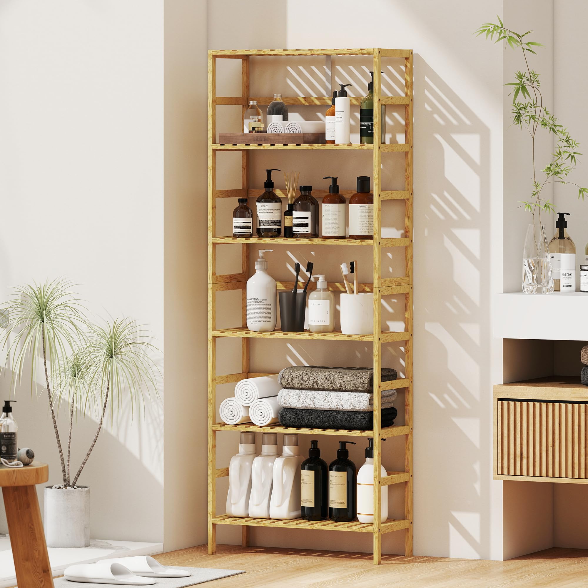 HOMCOM Scaffale Portaoggetti in Bambù a 6 Ripiani, Libreria Scaffale Moderno con Ripiani Regolabili, per Bagno, Soggiorno, Camera da Letto, Studio e Ufficio, Legno Naturale