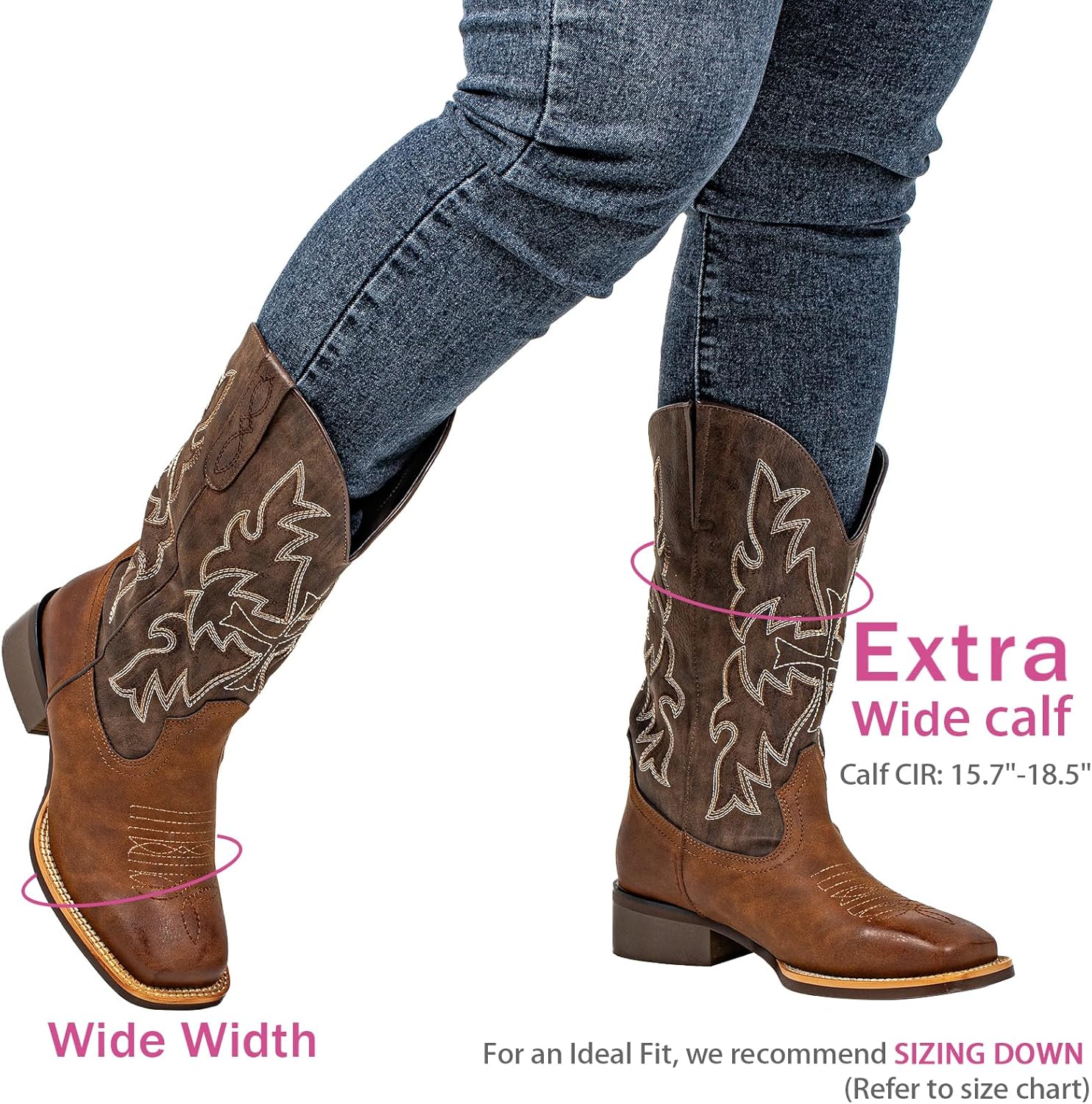 SheSole Extra Wide Calf Cowboy Boots for Women - Square Toe & Classic Stitching with Earth Tones, Removable Cushion Insoles | Roomy Comfort for Full-Figured Calves