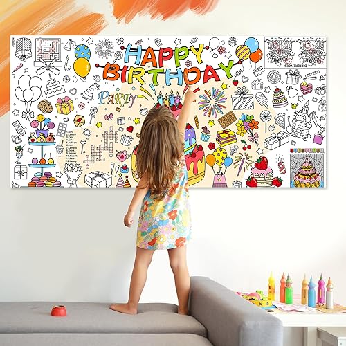 Miniatura 5 de Póster gigante de feliz cumpleaños, mantel para colorear de 35 x 72 pulgadas para niños, mantel de actividades de cumpleaños para manualidades,