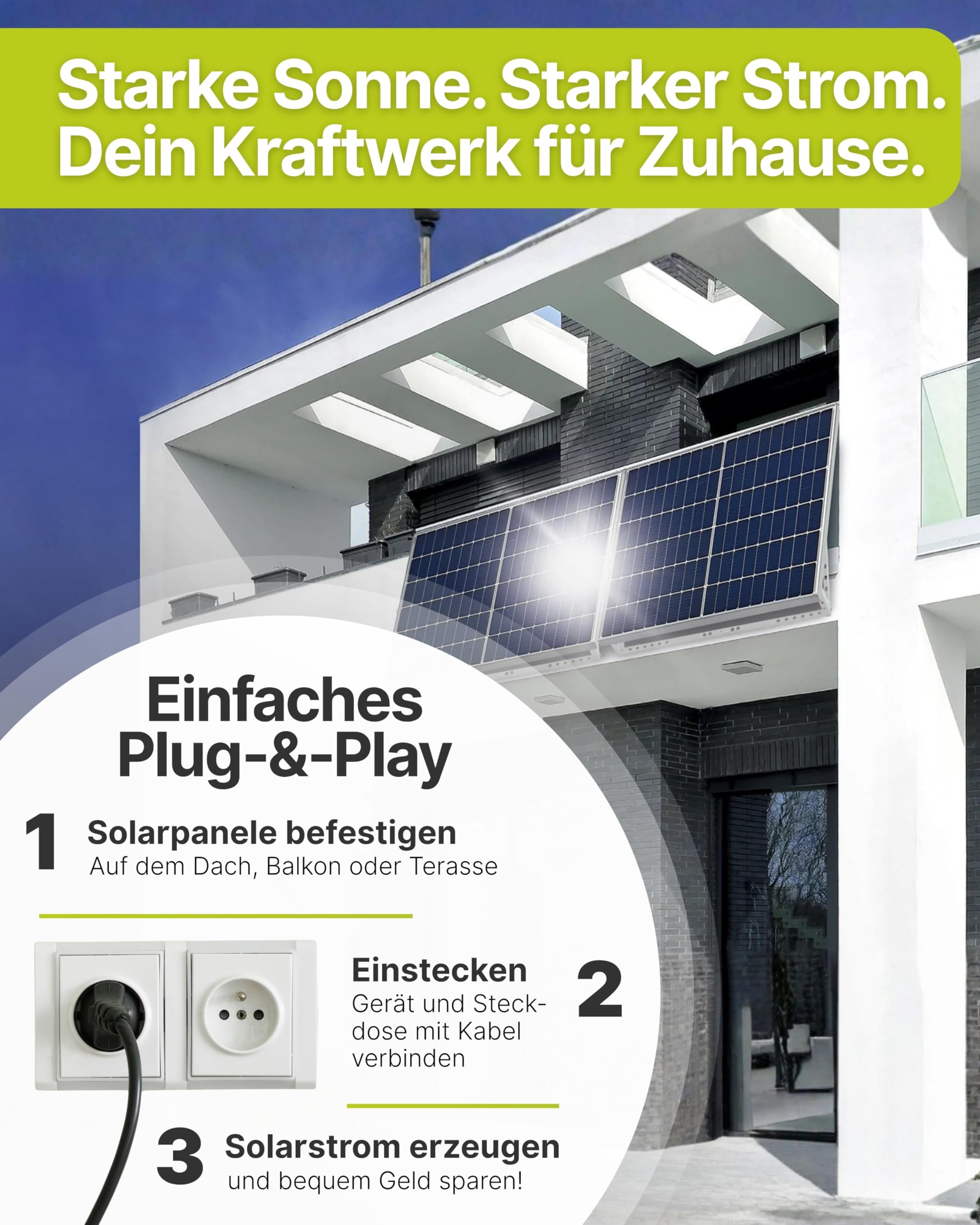 SCHWAIGER Balkonkraftwerk Komplettset 830 Wp I 2× 415 Wp Solarpanels inkl. Ständerwerk, 800W WiFi Wechselrichter, 5m Anschlusskabel I Plug & Play Solaranlage Photovoltaik für Balkon & Garten