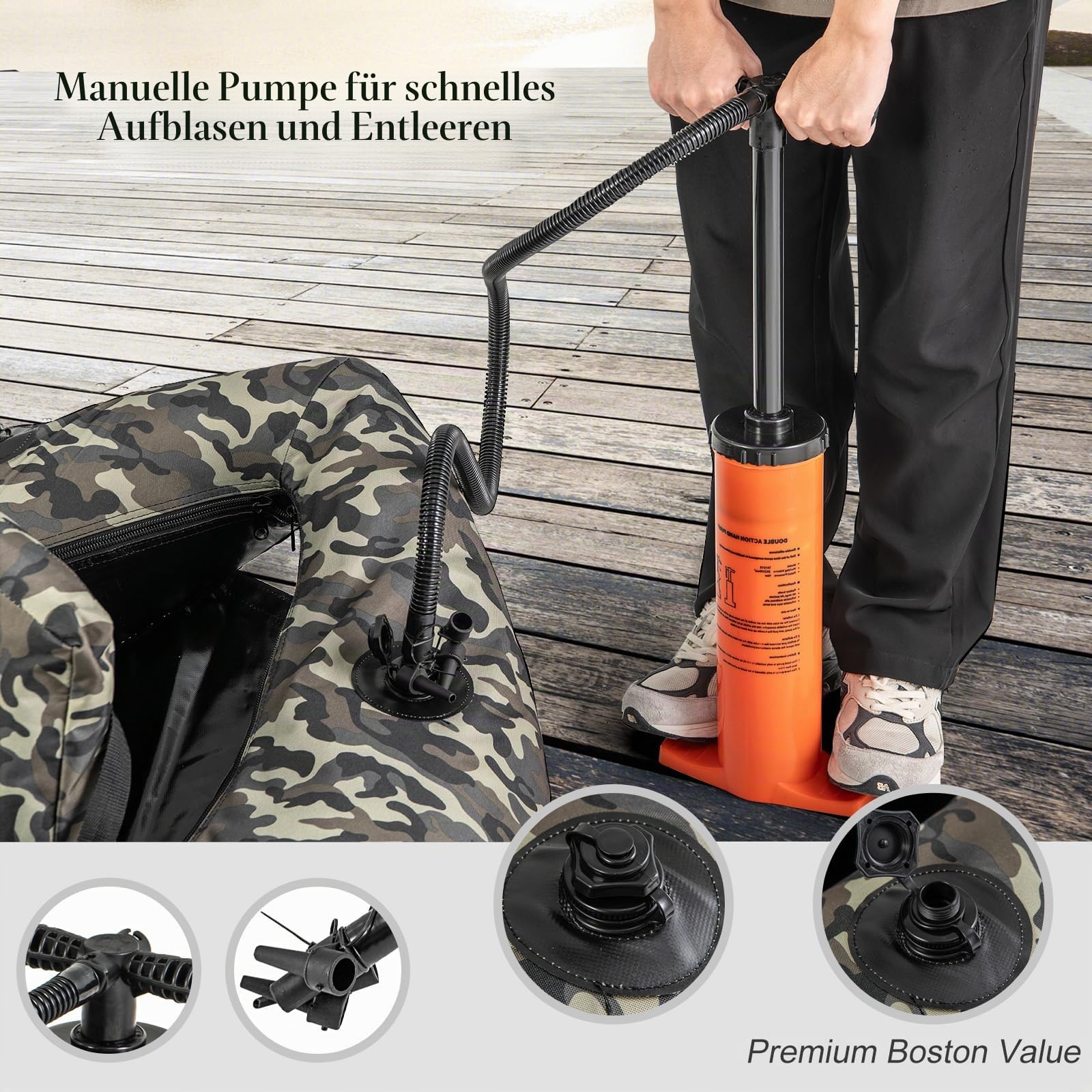 HOMASIS Aufblasbares Angelboot in V-Form, aufblasbares Schwimmerrohr mit Rutenhalter, Aufbewahrung von Ausrüstung, Angelboot mit Fliegen, Rudern und Pumpe für Angeln, 150 x 110 x 48 cm, Camouflage