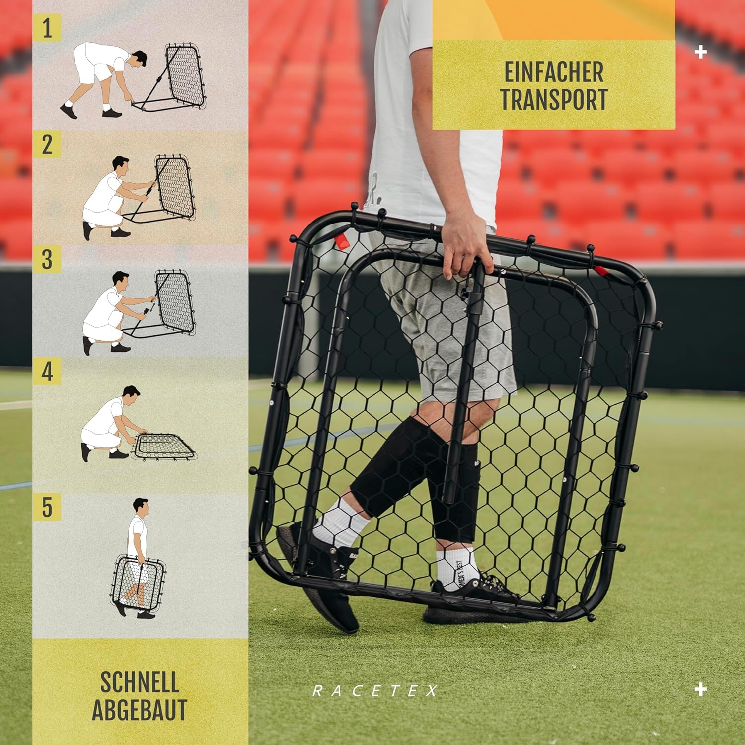 Racetex Rebounder für Fußball - Fussball Rebounder mit robuster Konstruktion - Stufenlos Verstellbar - Fußball für Schuss-, Pass- und Ballannahme Training