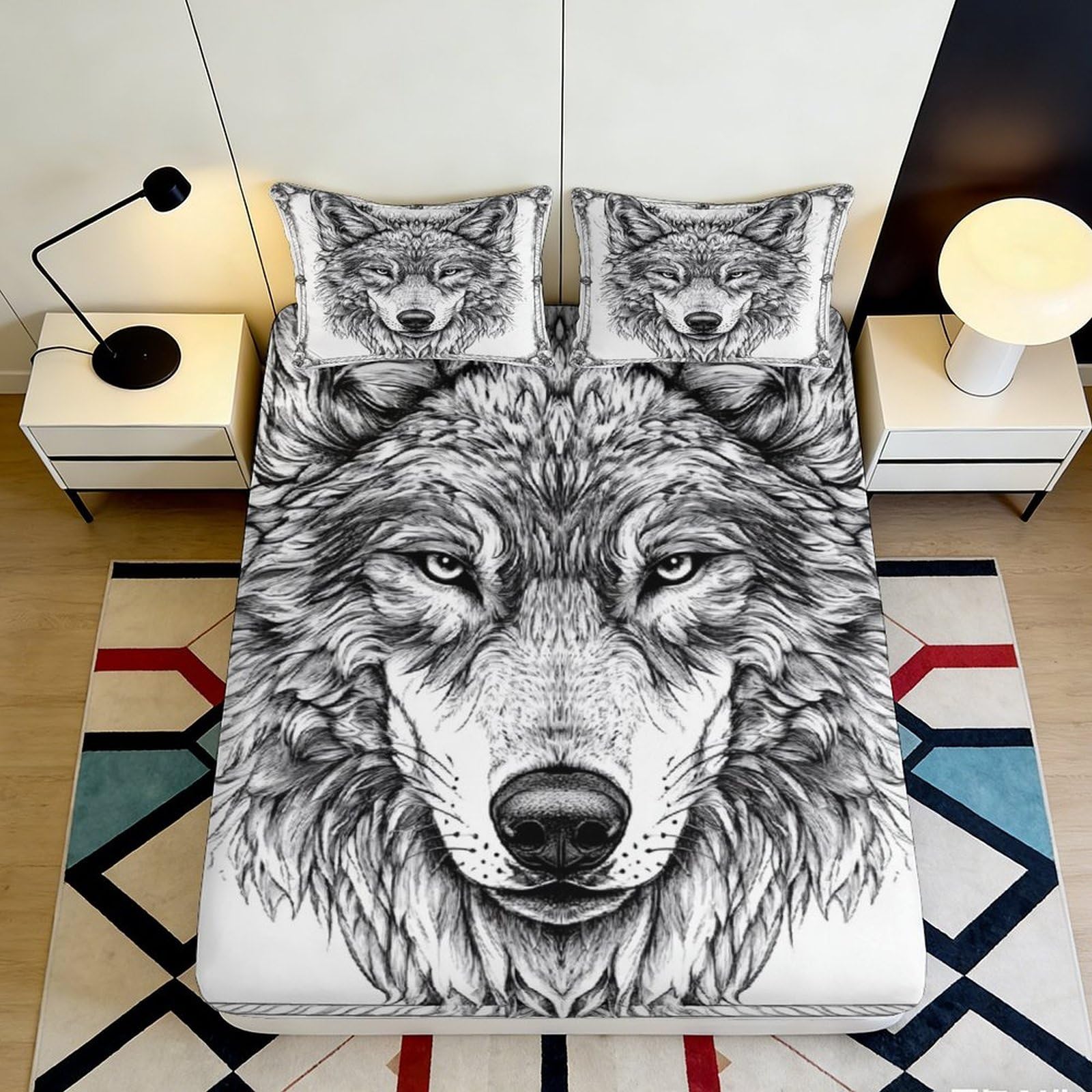 3D Printed Wolf Head Fitted Sheet Microfiber Soft Animal Motif Bed Cover for Bedroom Guest Room Mattress Decor 90x200x25cm