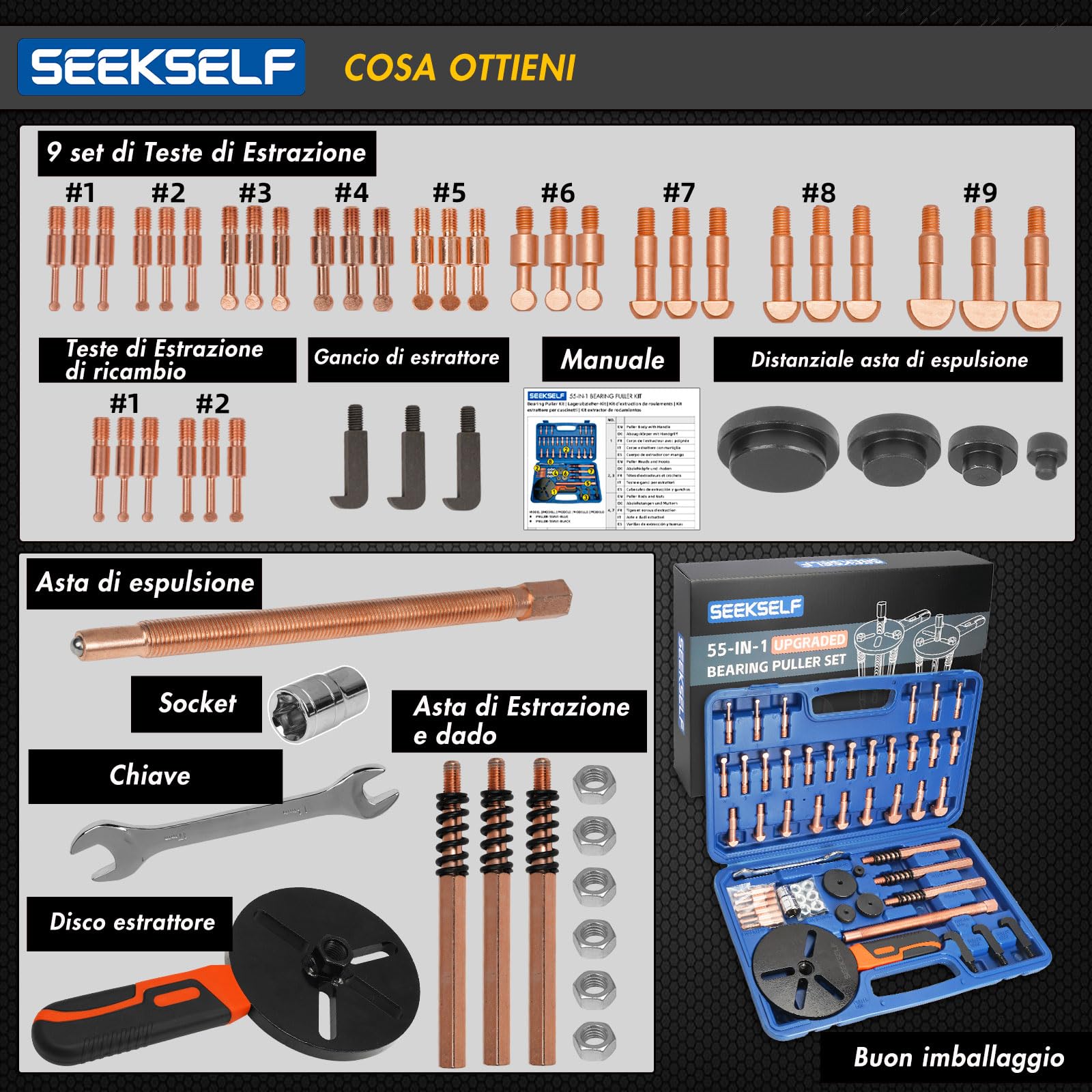 Kit estrattore per cuscinetti 55 in 1, set di estrattori per fori ciechi, strumento per separare cuscinetti interni ed esterni, rimozione cuscinetti interni ed esterni, strumento di divisione