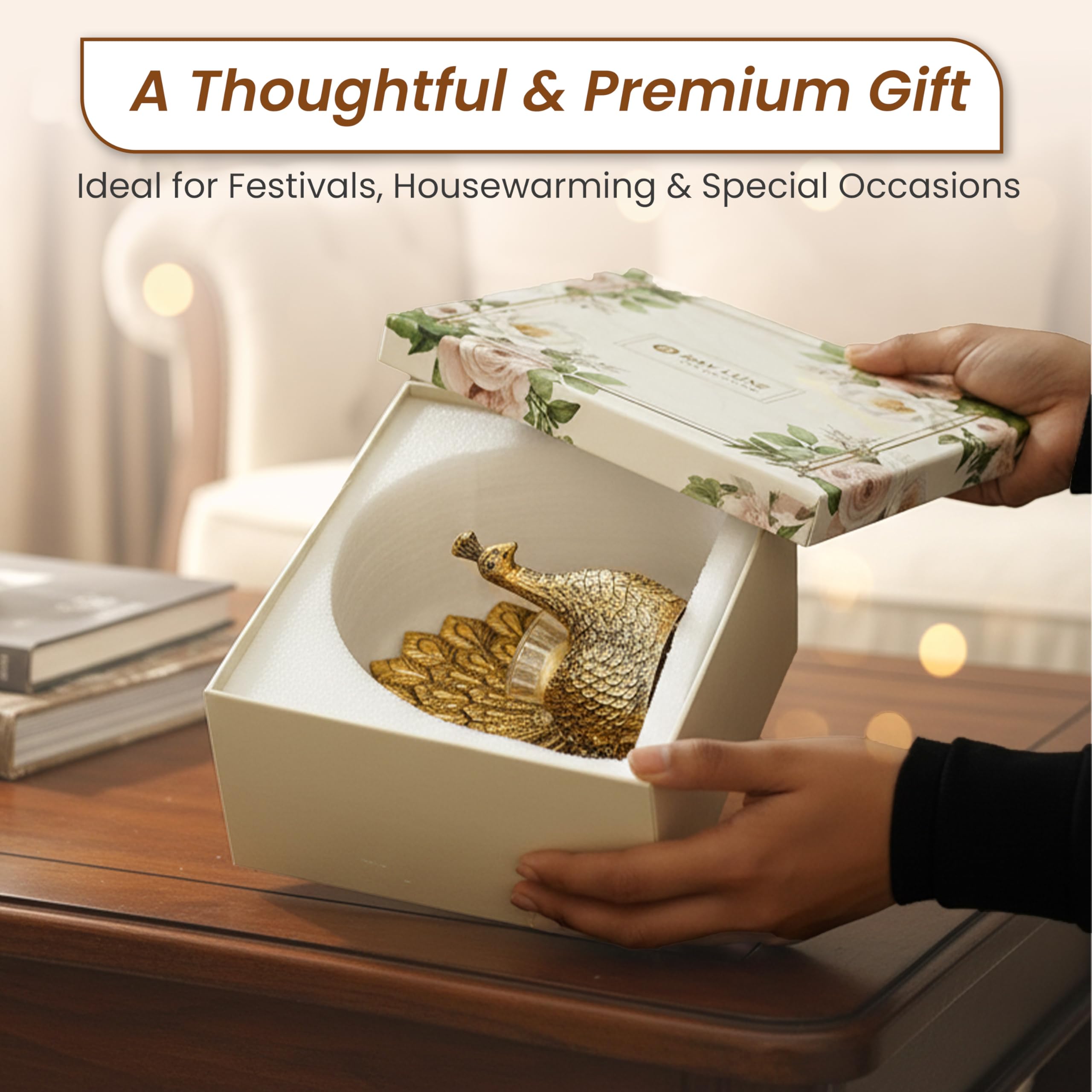 RAYLUXE Gold Metal Peacock Candle Holder Gift Set with Scented Votive Candle & Premium Gift Box | House Warming Gifts New Home | Wedding Gifts for Marriage Couple | Home Decor Gift for Women 4