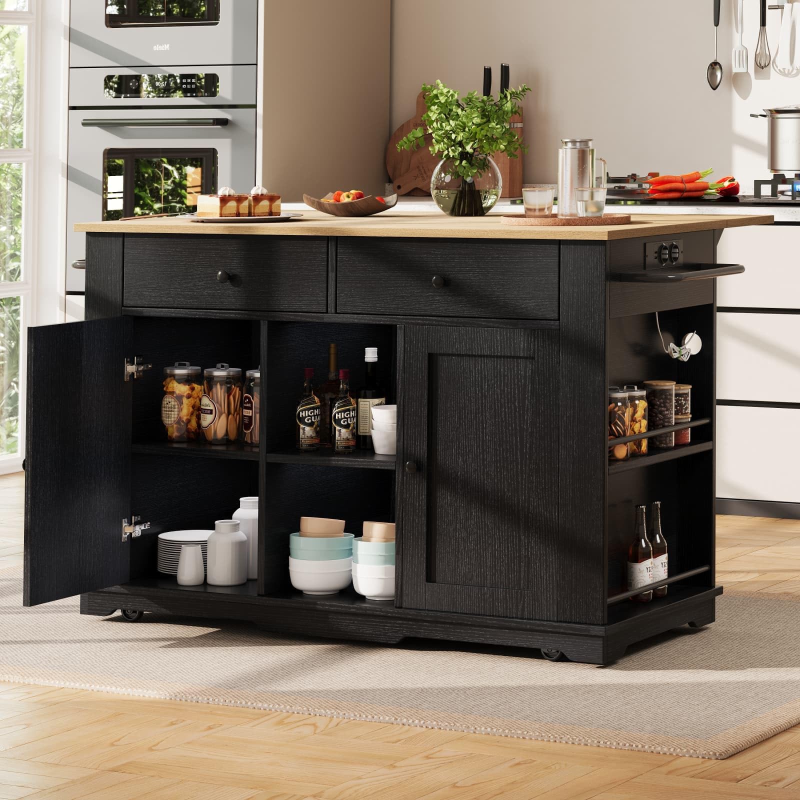 KOMHTOM Îlot de Cuisine Moderne, Chariot de Cuisine équipé d'une Multiprise, Plateau de Table Pliable, 2 Tiroirs, 2 Portes, étagère de Rangement et Porte-Serviettes (Noir)