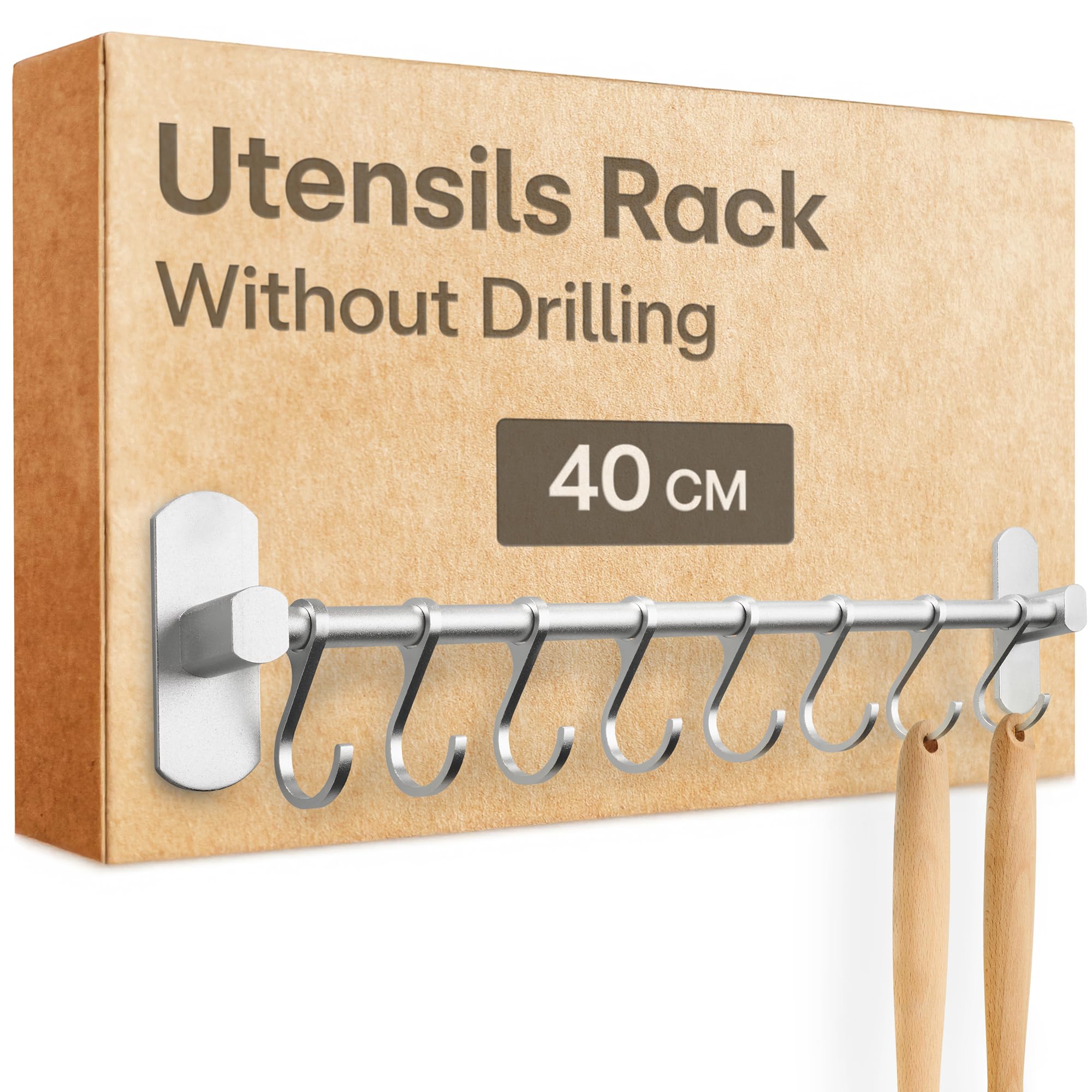 Praknu Kitchen Utensil Rack with 8 Hooks – Wall Mounted, Self-Adhesive - No Drilling - Rustproof & Durable - 40cm Hanging Rail Hooks