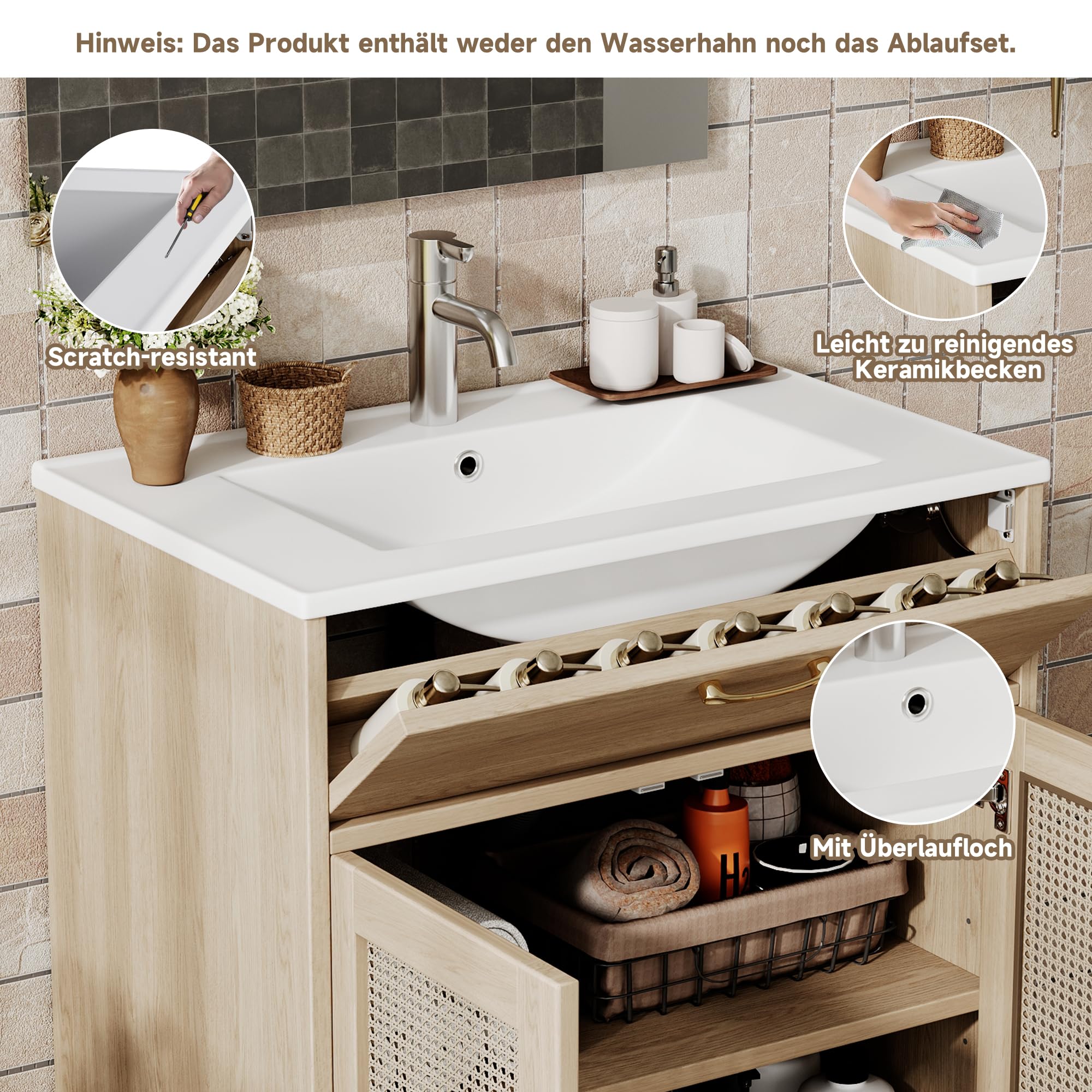Tocador de baño independiente, resistente a la humedad, con diseño de elevador de cajones y puertas dobles de cierre suave, patas altas con detalles de ratán, lavabo de cerámica, color natural