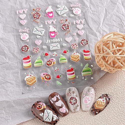 Miniatura 3 de Calcomanías 5D para uñas de helado de verano, 6 hojas de calcomanías de uñas en relieve 5D, lindo diseño de arte de uñas de gato, decoración de
