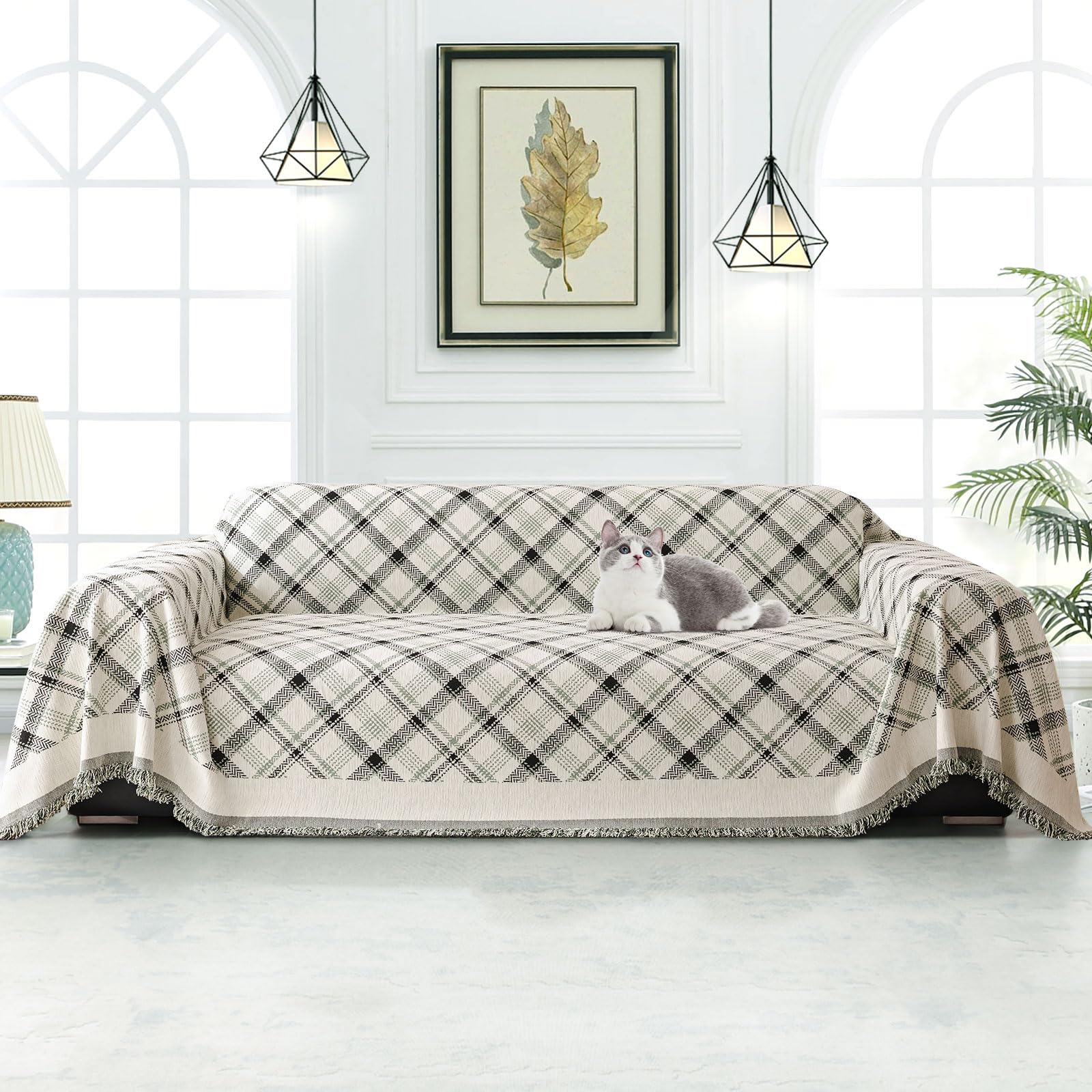 SHANNA Check Sofa Cover for 2 3 4 Seater, Chenille AB Sided Slipcover for Corner Sofa, All-Season Protection Couch Cover for Dogs, Couch Protector Loveseat Futon Cover L Shaped Sofa Cover with Tassel — image 1