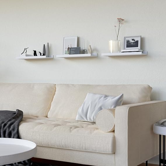 RICHER HOUSE White Floating Shelves for Wall with Lip, 40 CM, Wood, 3 Set | 5-Min Install, Picture Display Ledge Shelf, Wall Decor Bookshelf for Bedroom, Bathroom, Living Room, Kitchen, Nursery