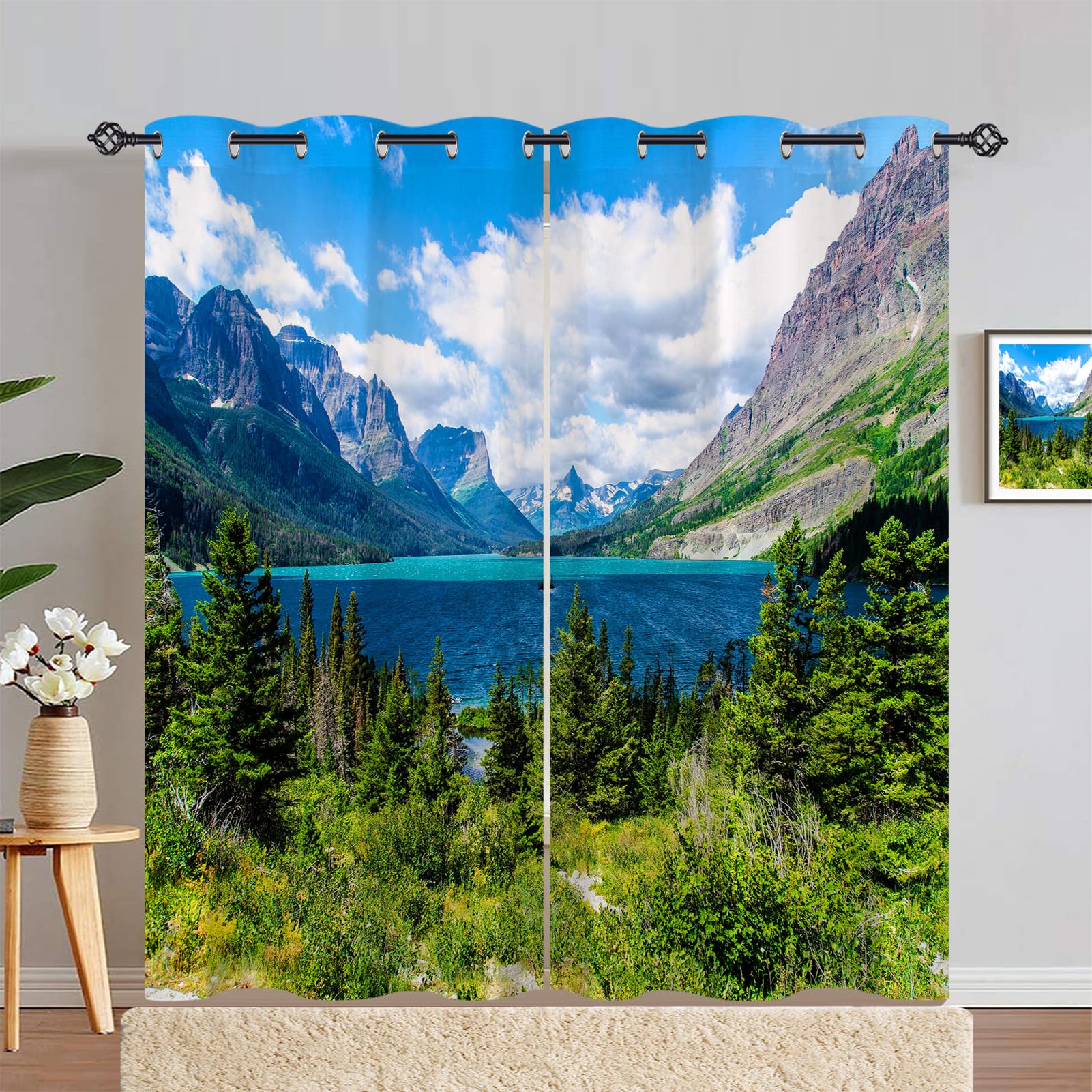 ANHOPE Mountain Lake Blackout Eyelet Curtains 2 Panels W 55" x L 84"
