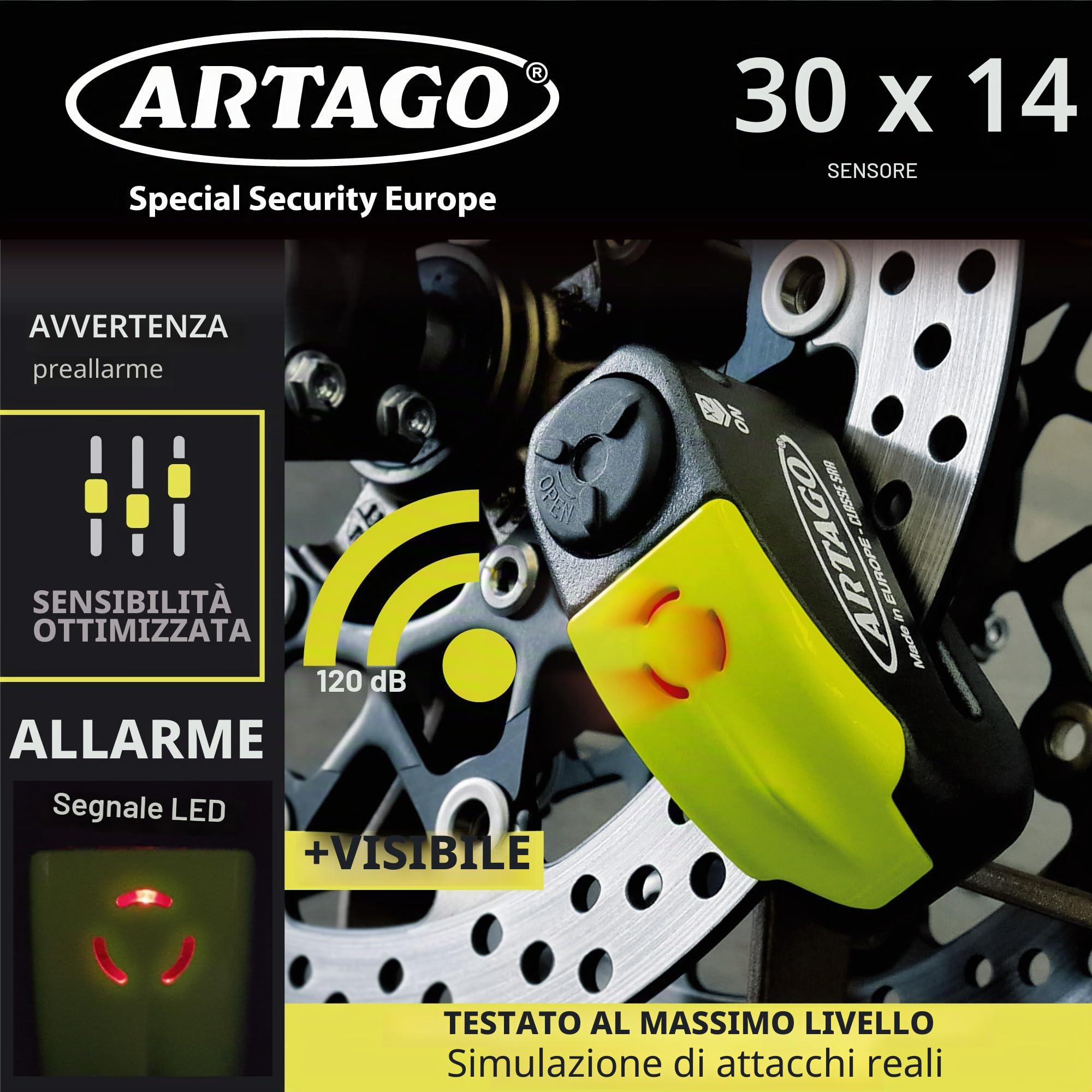 Artago 30X2 Pack Antifurto Bloccadisco con Allarme 120db Alta Sicurezza + Supporto per Yamaha MT-07 e Tracer 700, Omologato SRA e Sold Secure Gold