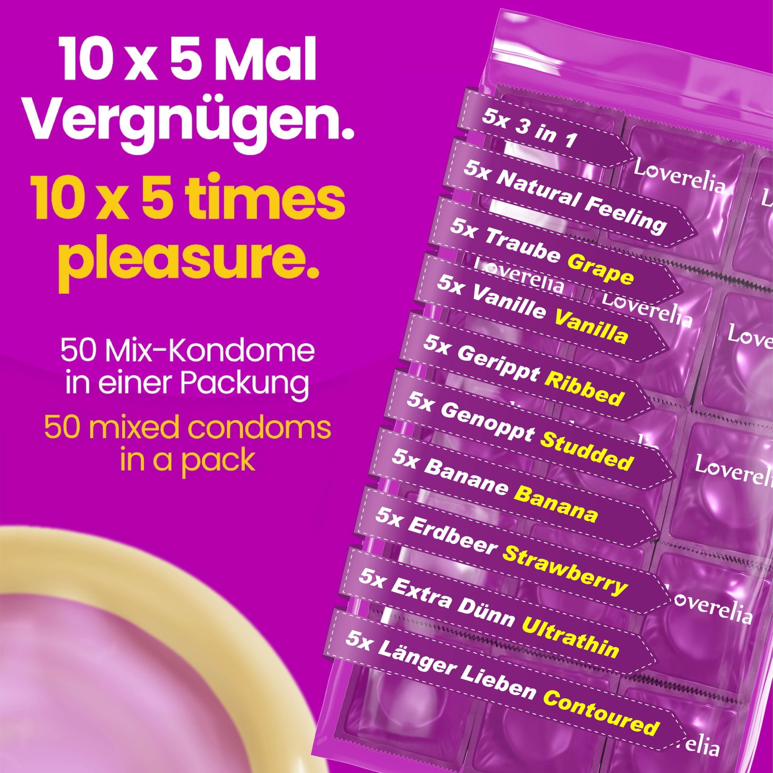 Préservatifs Loverelia "Mix" - 100 pièces (2x50 pièces)-mélange de 10 variétés différentes à essayer-grand choix-latex de caoutchouc naturel végétalien-pour plus de variété dans votre vie amoureuse