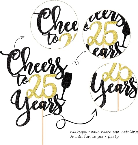 Miniatura 10 de 1 pieza de decoración para tartas con texto en inglés "Cheers to 40" (Cheers to 40 años), purpurina negra y dorada con purpurina para pastel de 40