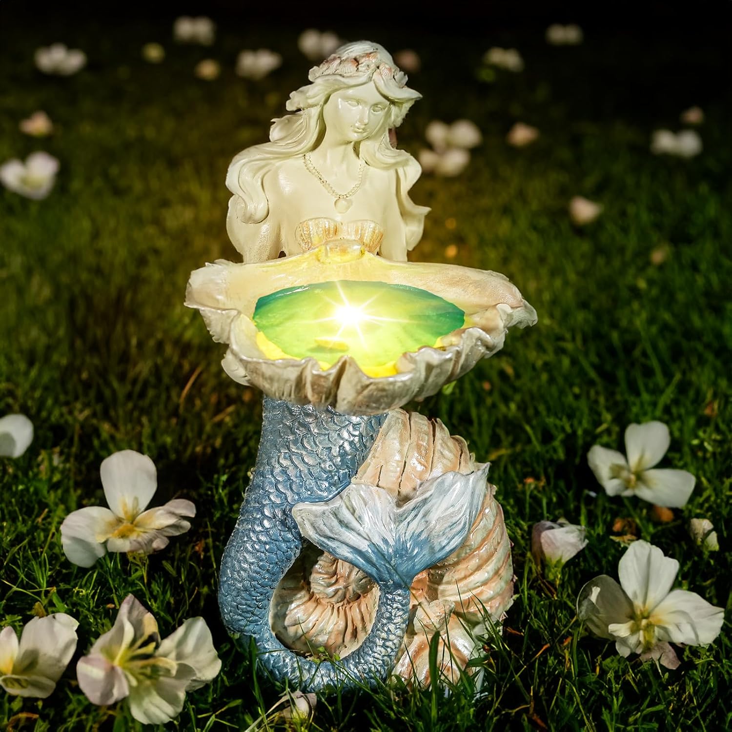 12" Mermaid Garden Lighting Statue Art, Solar Night Light, Yard Sculpture, Outdoor Lawn Solar Decor, Powered Statue, Landscape Path Light Ornament Figurine, Vivid Mermaid Lamp