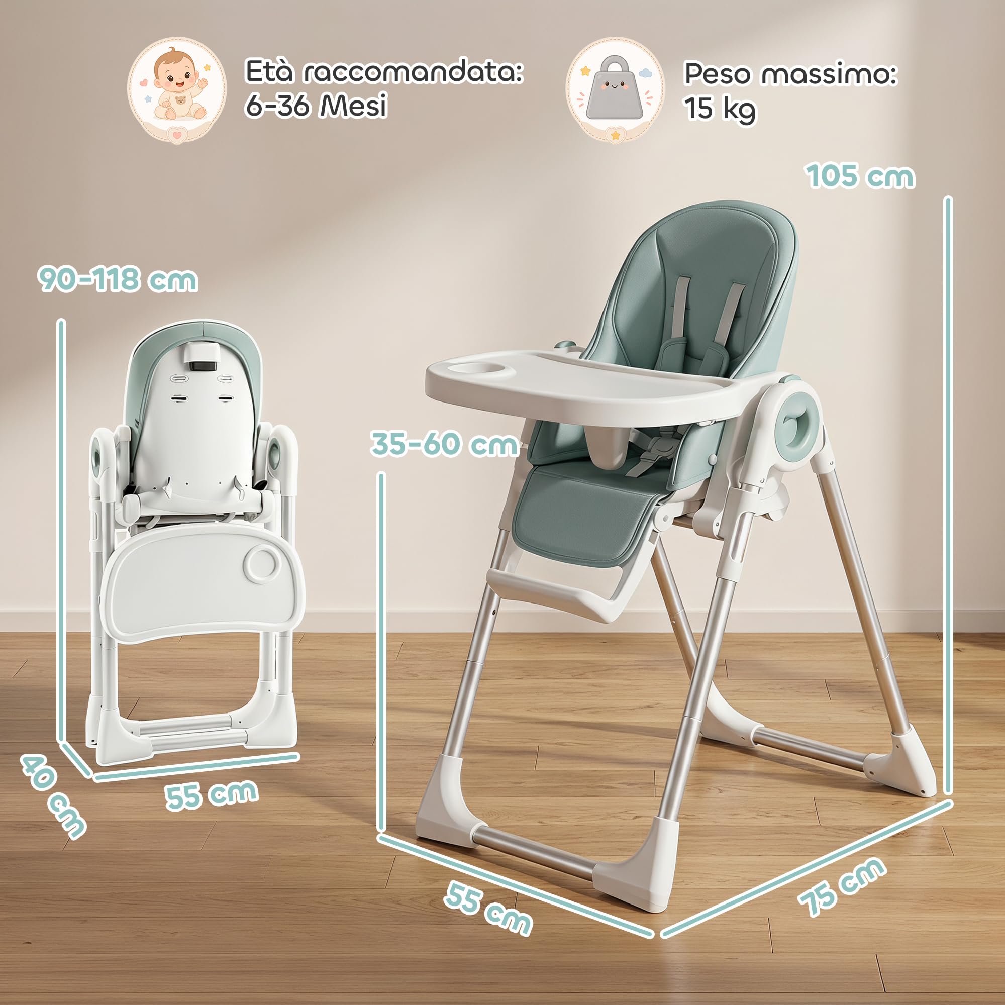 AIYAPLAY Seggiolone Pappa Evolutivo Bambini Pieghevole, 6-36Mesi/15kg Verde | Reclinabile, Altezza e Poggiapiedi Regolabile, Doppi Vassoio Lavabile e Regolabili, Ruote, Cintura 5 Punti