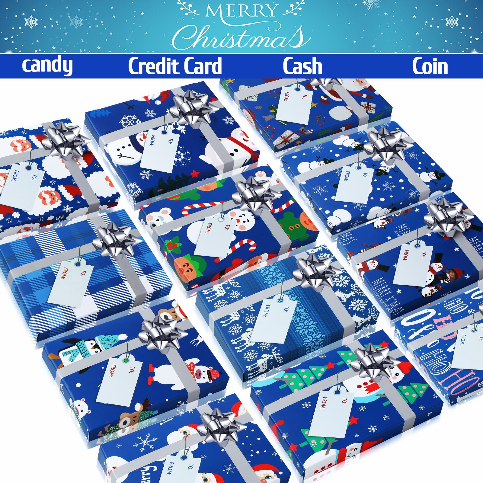 Spiareal 24-teiliges Weihnachts-Geschenkkarten-Boxen-Set mit Schleife und Etiketten, Geldhalter-Boxen, blauer Urlaubs-Geschenkkartenhalter für Weihnachtsfeier, Mini-Gastgeschenke,
