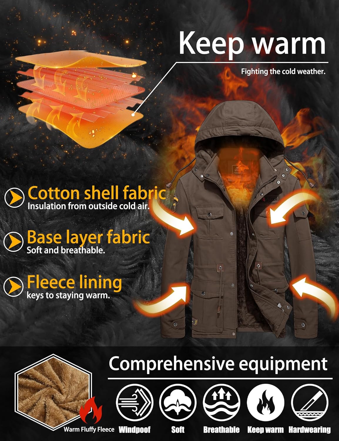 TACVASEN Men's Winter Jacket Cotton Military Jackets Fleece Lined Thick Work Warm Cargo Coats with Hooded - Image 3