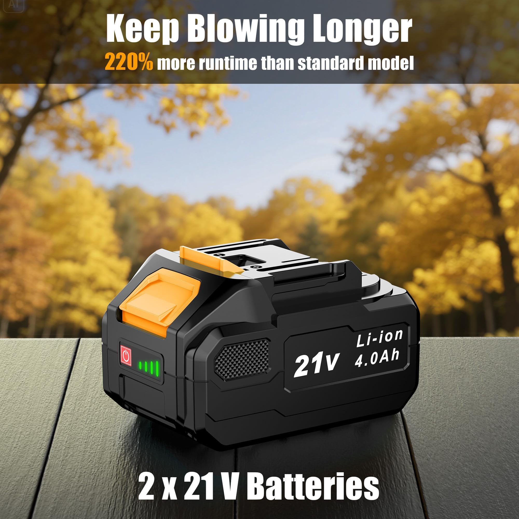 Soffiatore a Batteria, KUZUPRO Soffiatore per Foglie 21 V con 2 Batterie da 4,0 Ah e Caricabatterie, 240 km/h, 3 Velocità Regolabili, 2 Ugelli e Tracolla per Giardino, Cortile e Terrazza