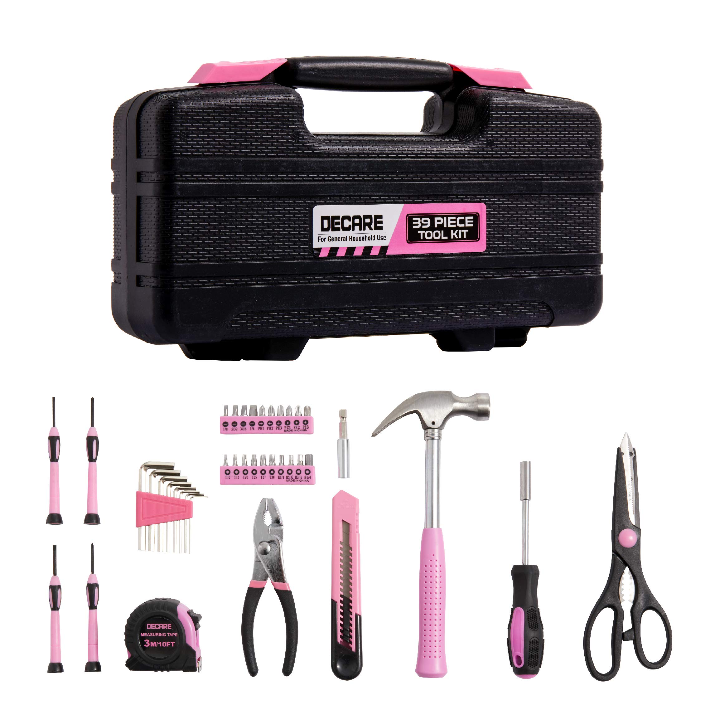DeCare 39-Piece Tool Kit Tool Set - Household Hand Tool Kit Repair Tools Set with Portable Toolbox Storage Case (Pink)