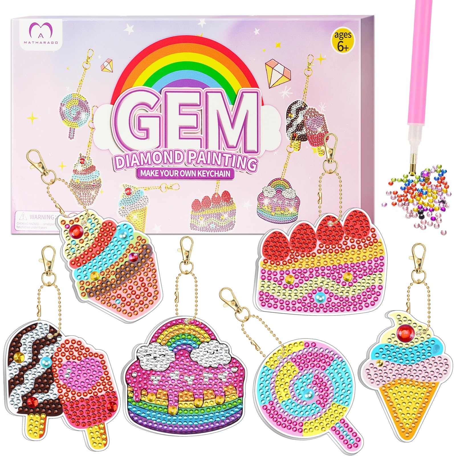 MATHARAGO Diamond Art for Kids 6 Pcs DIY Diamond Painting Girls Keyrings Set, Painting by Number Gem Keychains Craft Kits for Kids Ages 6-12, Gifts for Birthday, Back to School