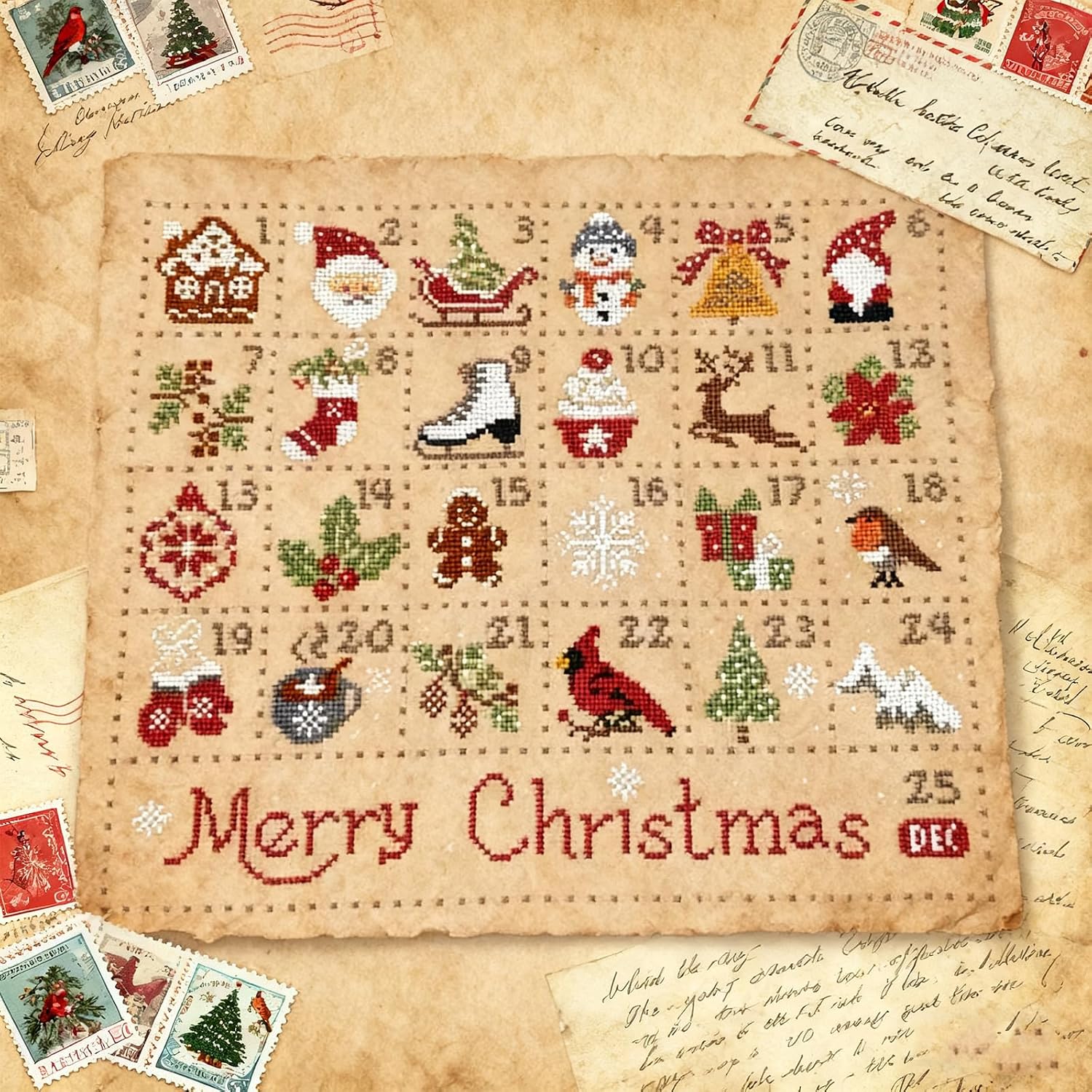 Christmas Advent Calendar Cross-Stitch Kit,Hand-Embroidered Christmas Decoration Kit 25-Day Countdown Advent Calendar Gift Suitable for Adults and Beginners