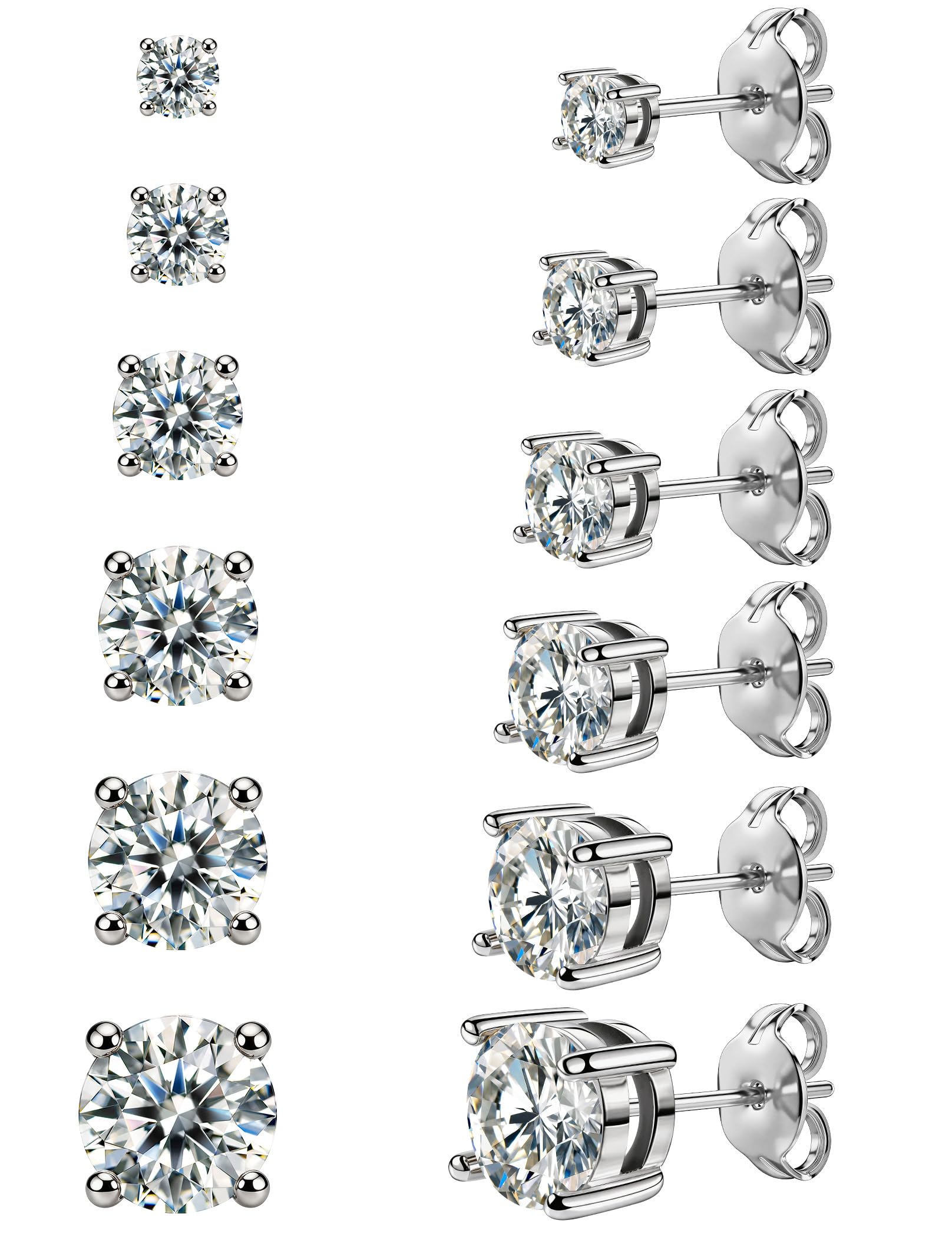 6 Pairs Stud Earrings Set, Hypoallergenic Cubic Zirconia 316L Earrings Stainless Steel CZ Earrings 3-8mm (Steel color)