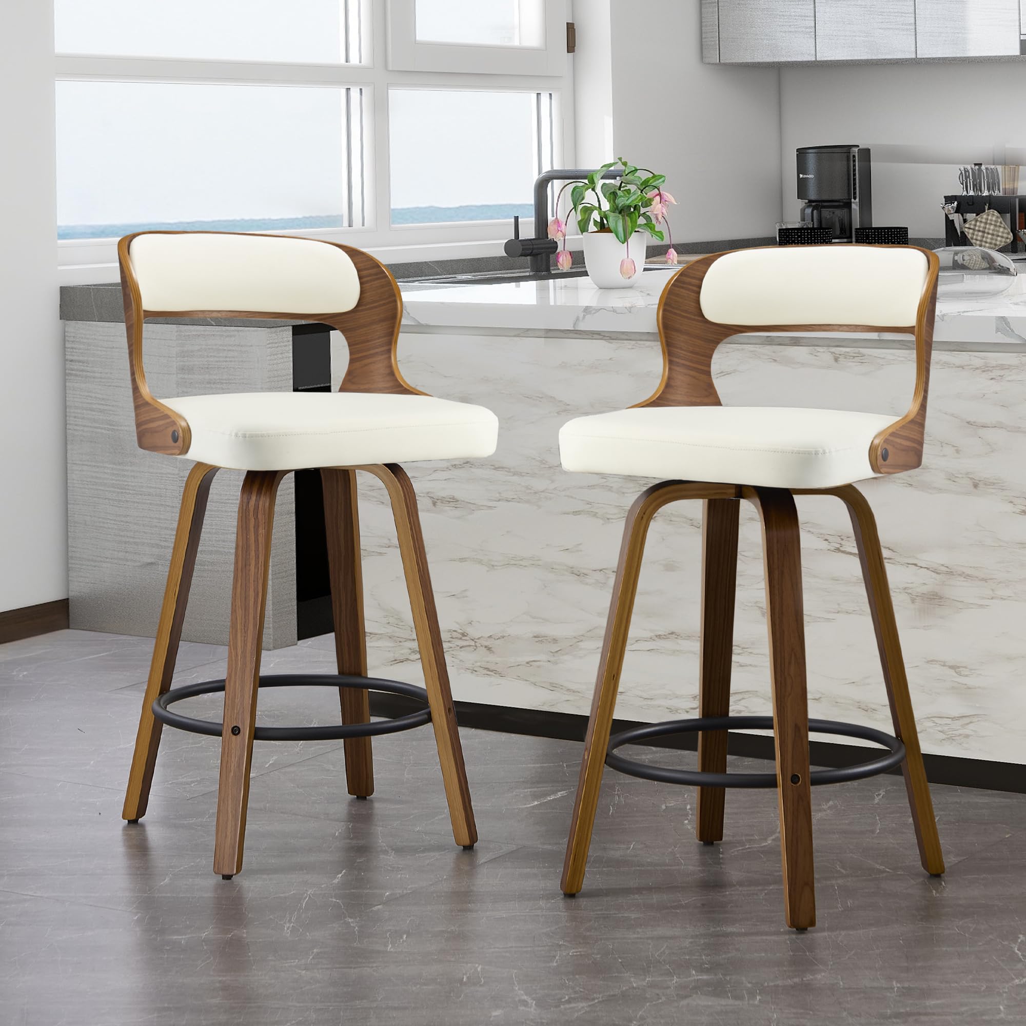 VipDesk 26 Inch Swivel Bar Stools, Faux Leather Mid Century Counter Height Bar Chair with Back and Arms, Modern Barstools for Home Bar, Dining Room,
