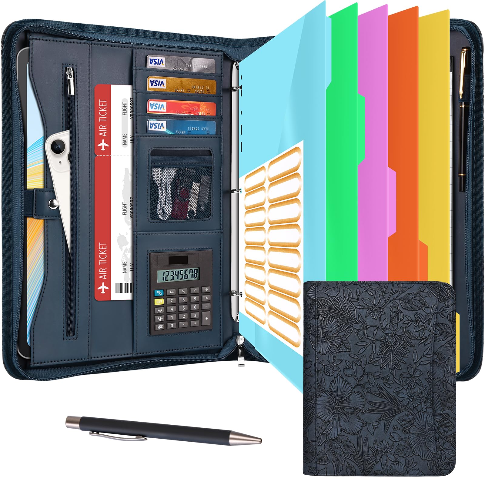 Eshow Portfolio Organizer – Raccoglitore a 3 anelli con cerniera, in pelle vegana, con blocco note, include 5 protezioni per fogli colorati per documenti per uomini e donne