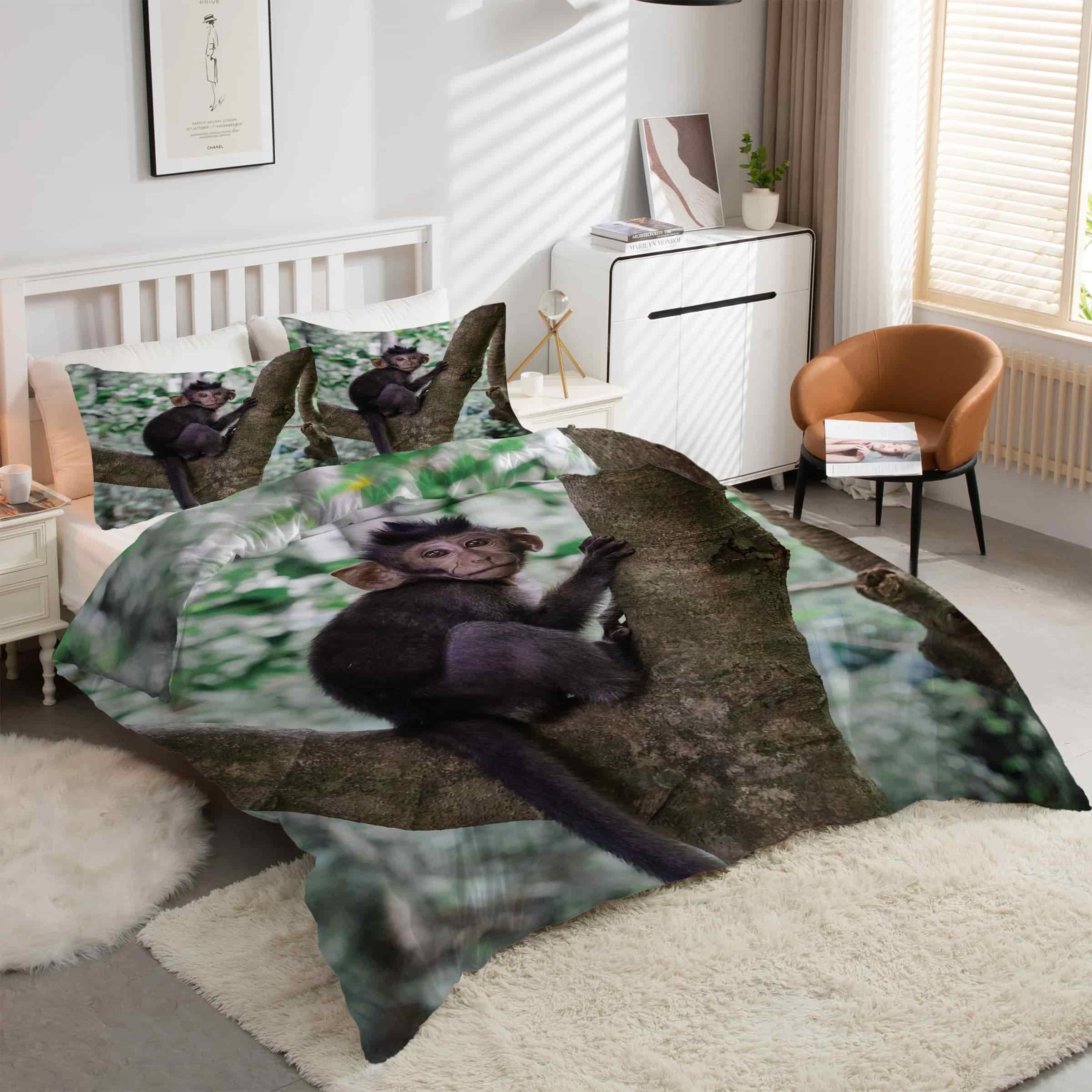 Housse de couette singe animaux 240x260 en microfibre douce avec zip