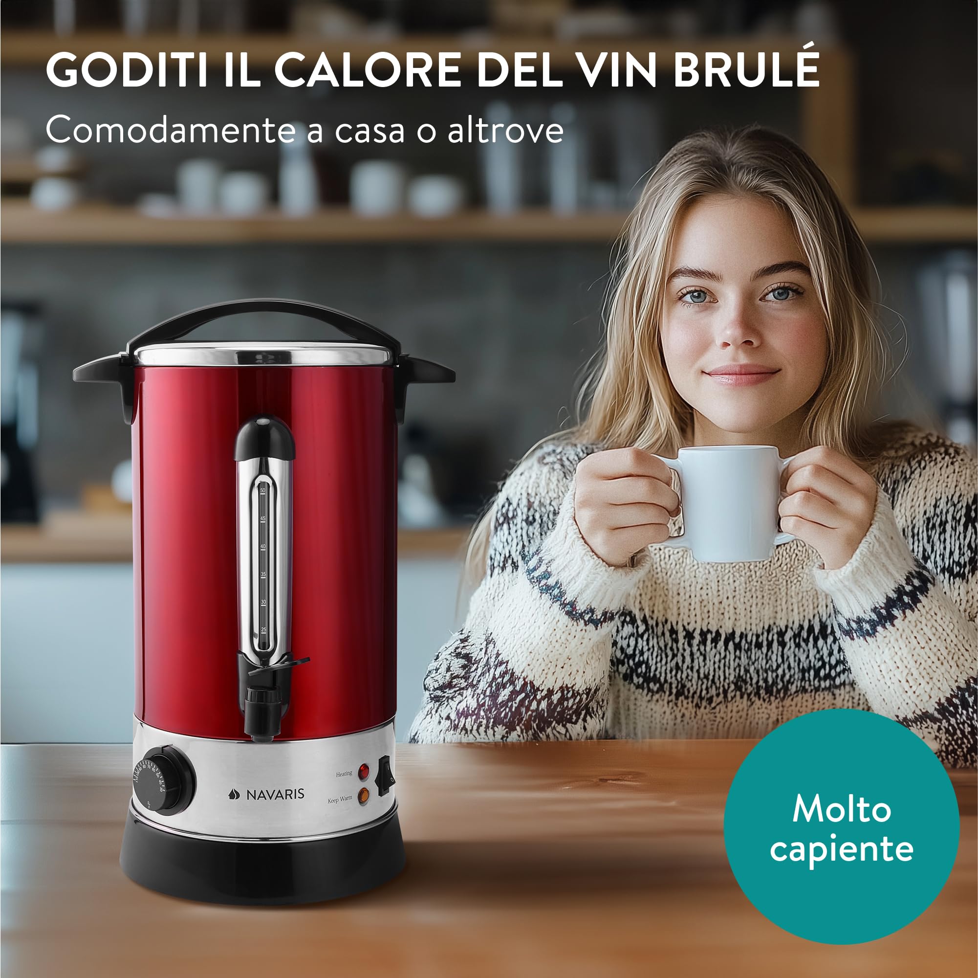 Navaris Pentola Bollitore 10l Vino Acqua - Dispenser Acqua Calda Vin Brulè Caffè - Distributore Elettrico Bevande Calde con Rubinetto - Rosso