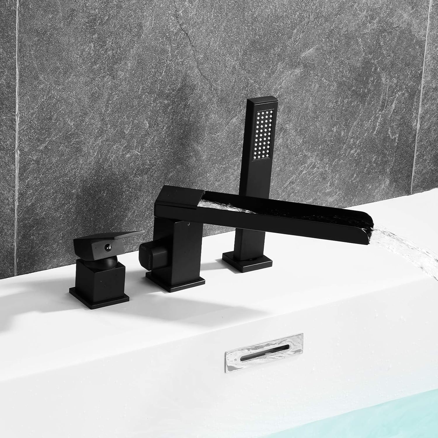 Roman Bathtub Faucet Set with Handheld Sprayer, Deck Mount Bath Faucet with Waterfall Tub Spout, 3-Hole Split Widespread Bathtub Filler with Valve,Brass,Matte Black