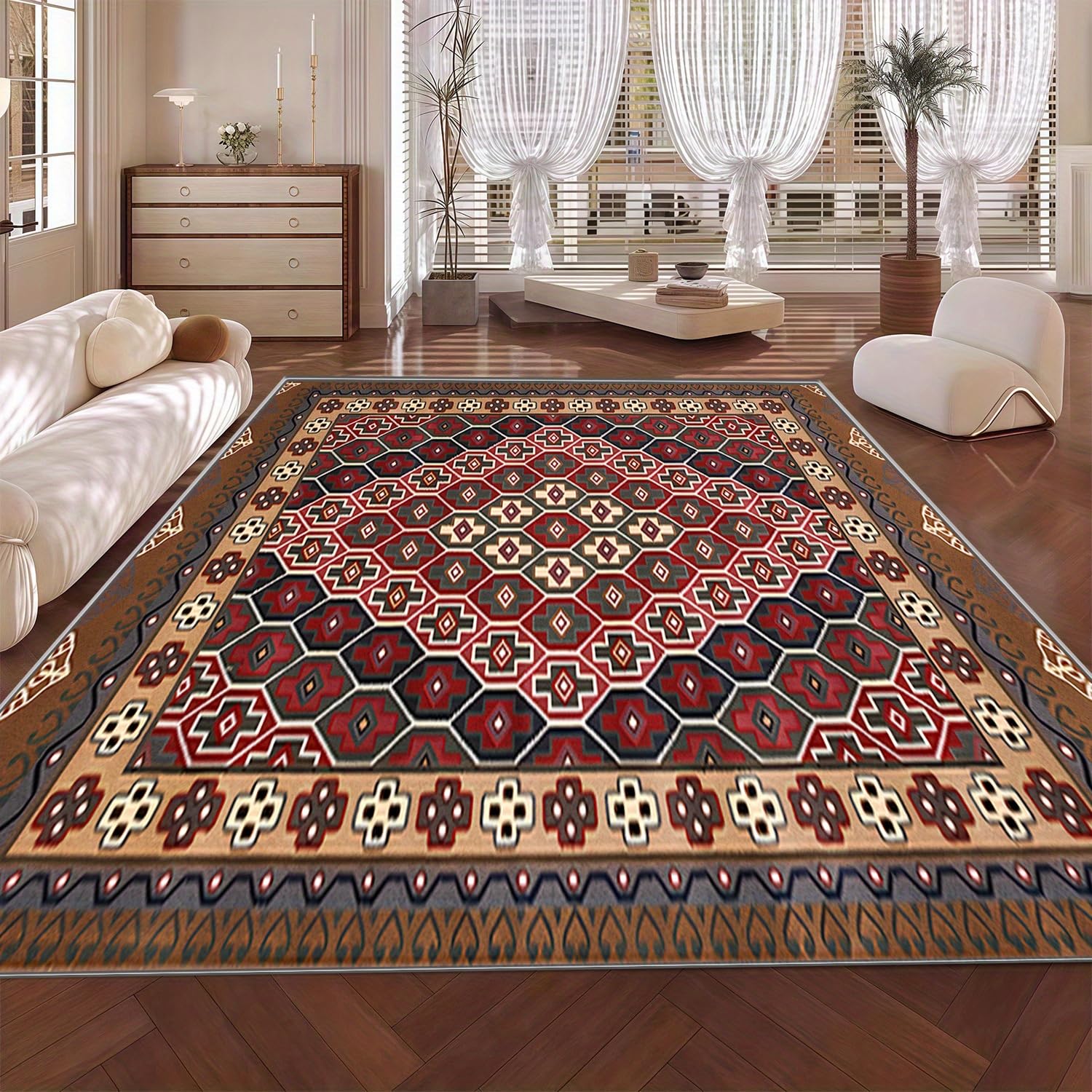 Tapis antidérapant lavable rouge 140x230 cm fini les glissades avec le style bohème losanges